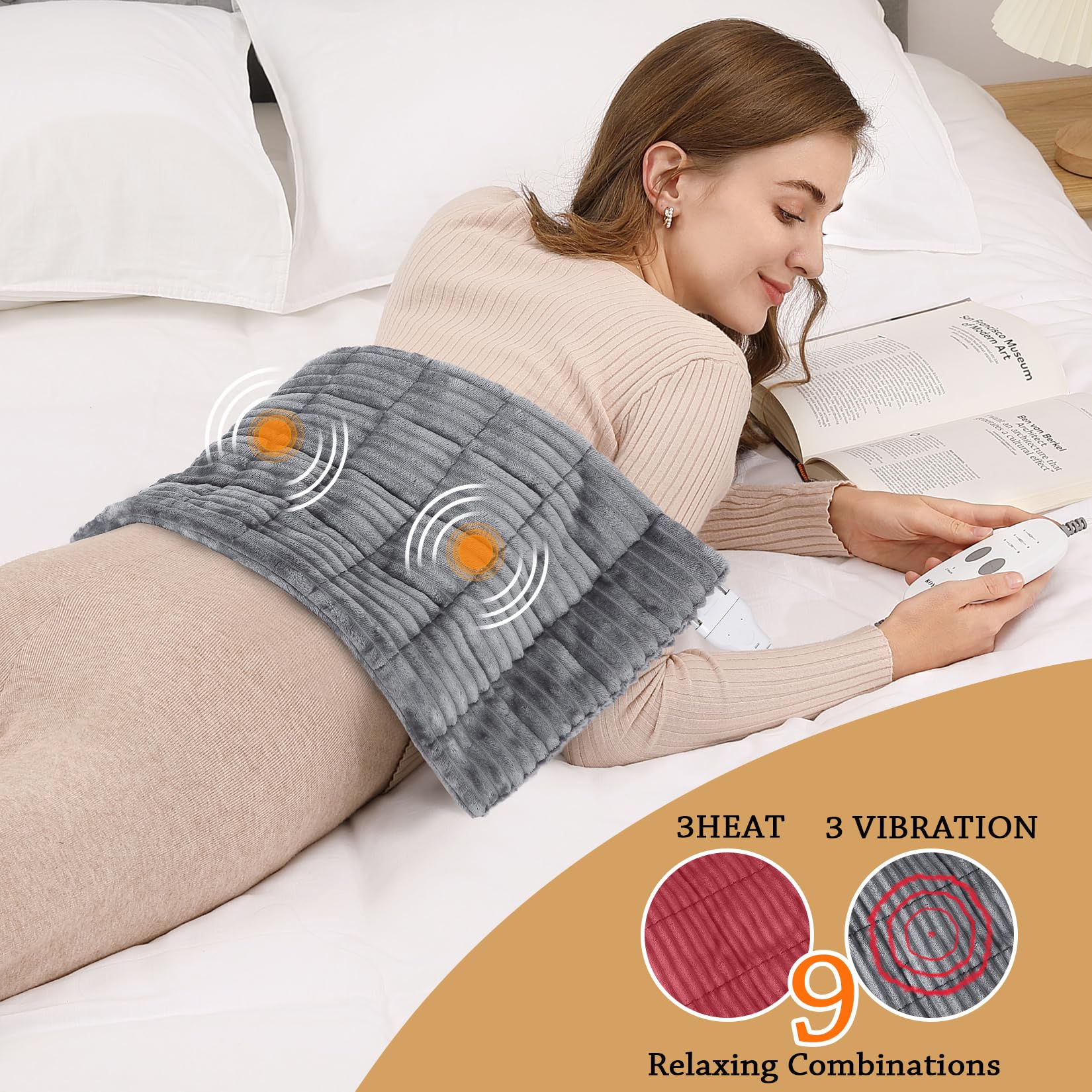 Weighted Heating Pad with Massager Electric Heating Pad for Back with Massaging Vibration, 3 Heating Levels & 3 Massage Types, 1