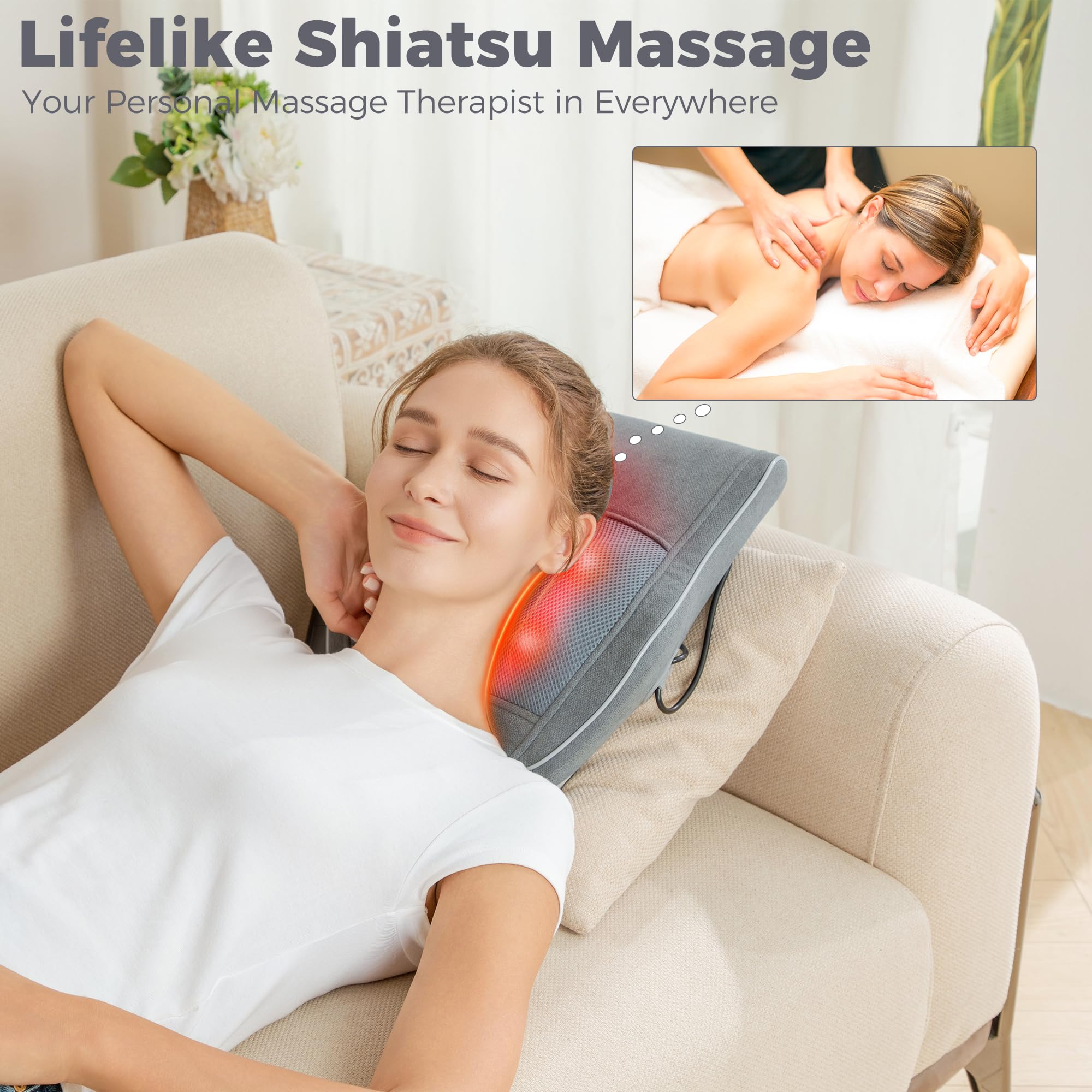 Brelley Shiatsu Neck and Back Massager with Heat, Deep Tissue Kneading Massage Pillow, Electric Massagers with Bi-Directional Ro