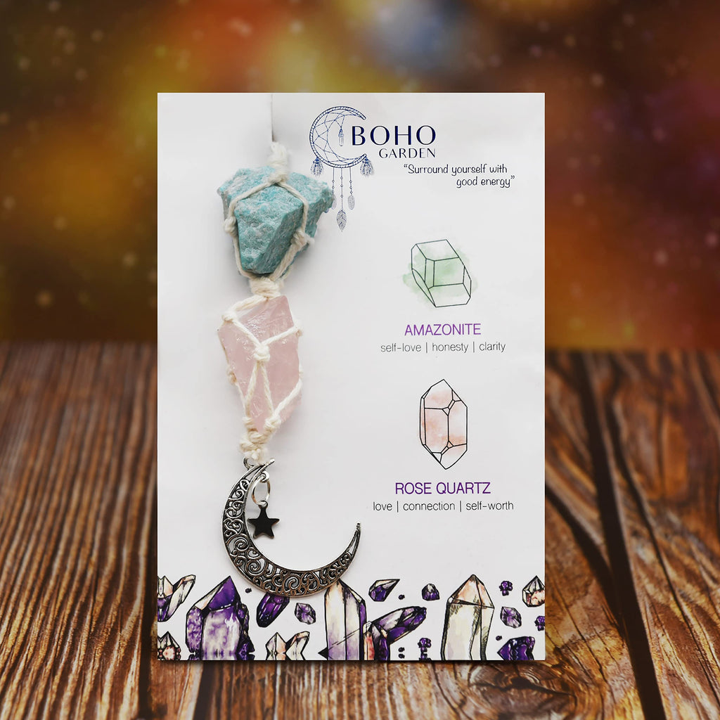 BOHO GARDEN Hanging Car Charm - Amazonite & Rose Quartz - Dangling Moon & Healing Crystal Accessories, Rearview Mirror Decoratio