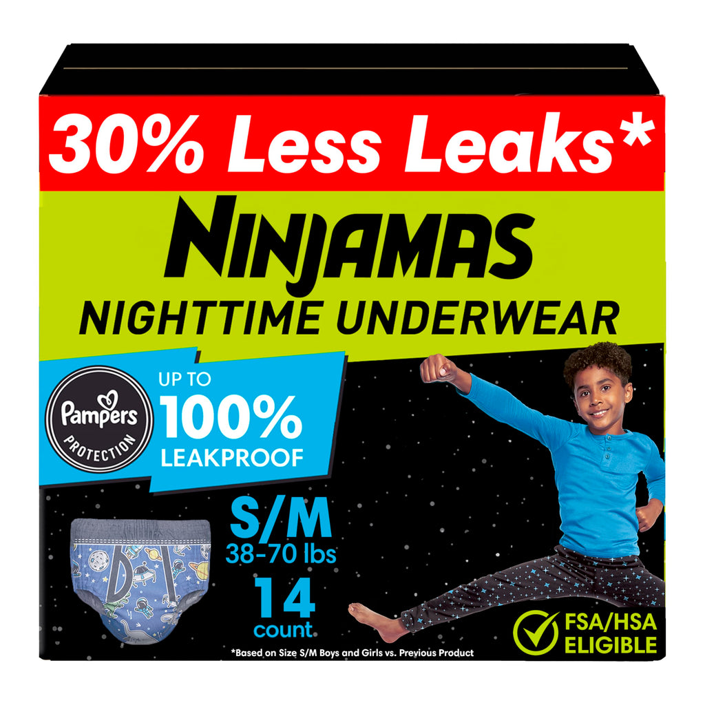 Ninjamas Boys Bedwetting Nighttime Underwear Boys - Size S/M (38-70 lbs), 14 Count, Overnight Protection, Ultra Absorbent, Hypoa