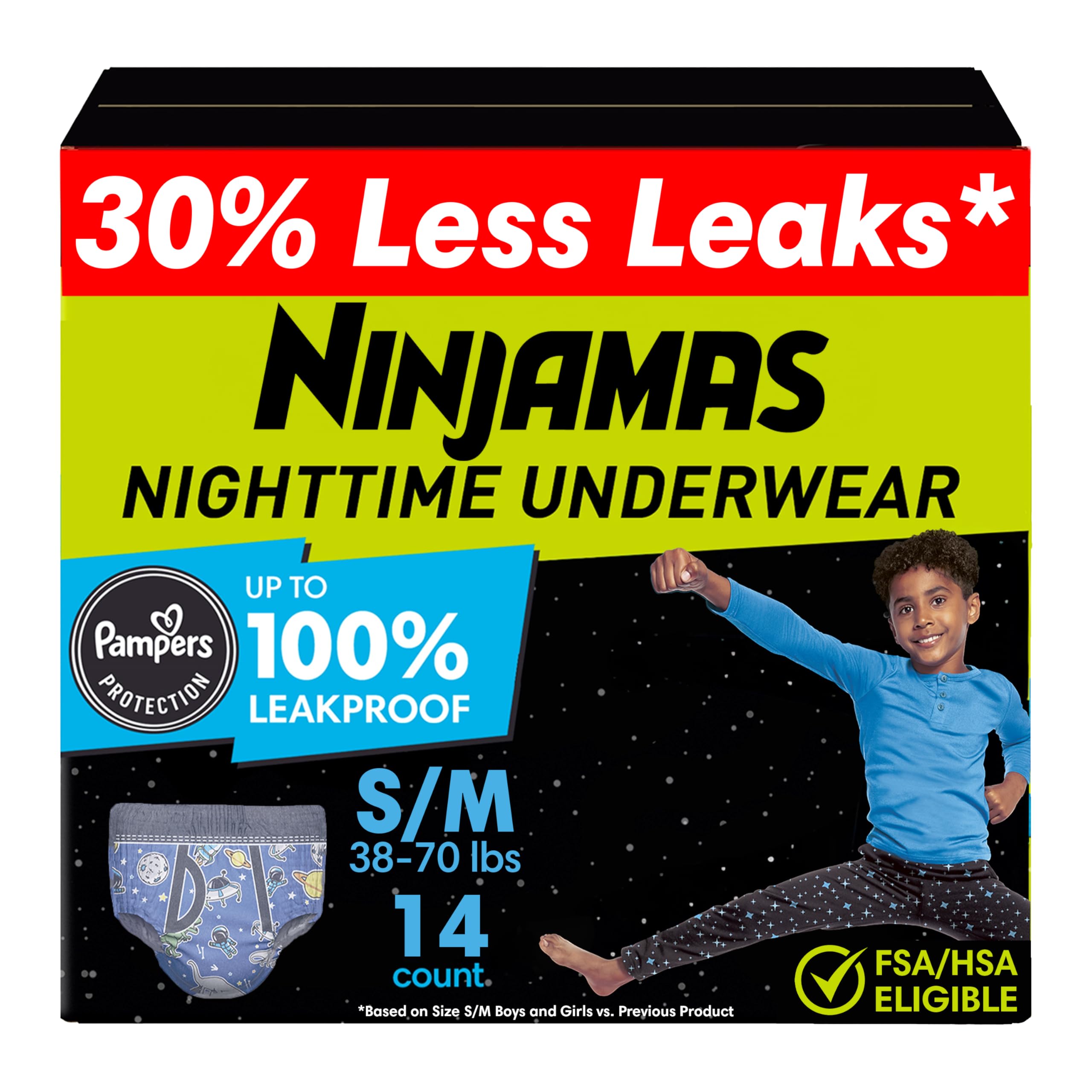 Ninjamas Boys Bedwetting Nighttime Underwear Boys - Size S/M (38-70 lbs), 14 Count, Overnight Protection, Ultra Absorbent, Hypoa