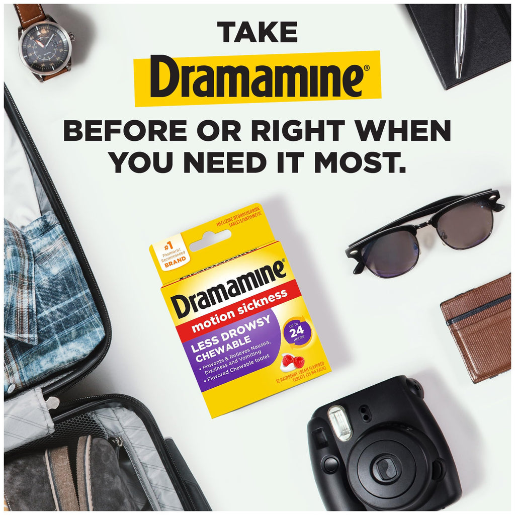 Dramamine Chewable Less Drowsy, Motion Sickness Relief, Raspberry Cream Flavor, 12 Count, 2 Pack