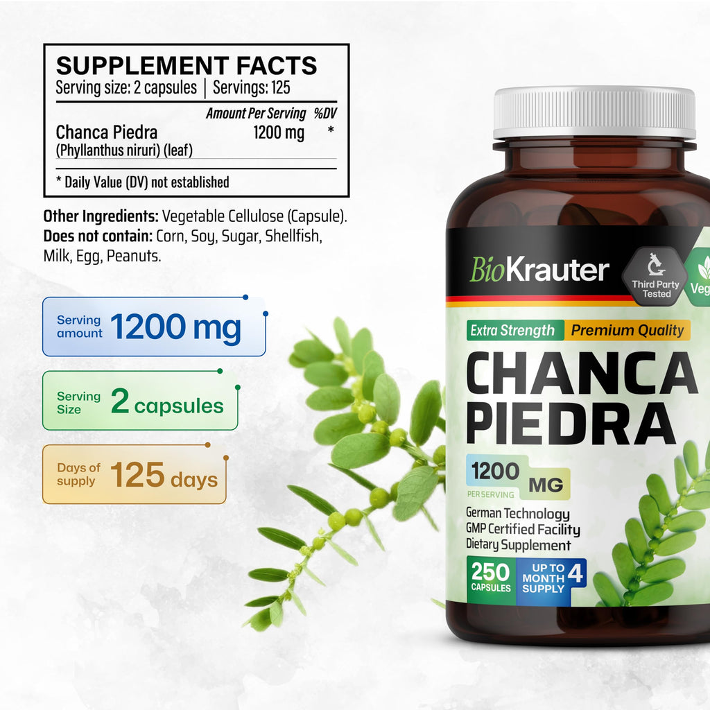 BIO KRAUTER Chanca Piedra Stone Breaker Capsules - 1200 mg Stonebreaker for Kidney Cleanse - 250 Chanca Piedra para Los Riones C