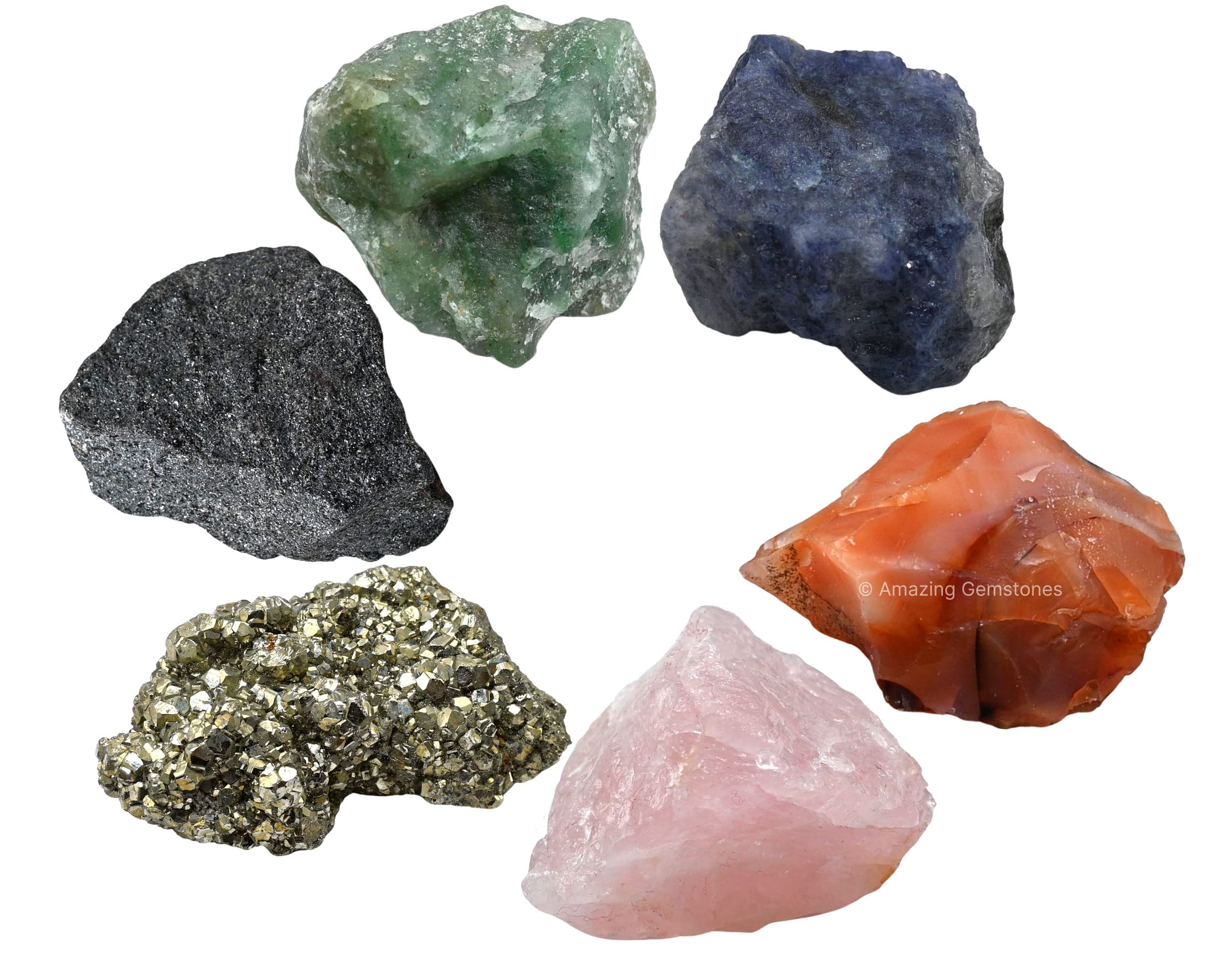 Crystals for Motivation & Self Belief Manifestation, Set of 6 Green Aventurine, Pyrite, Hematite, Iolite, Carnelian and Rose Qua