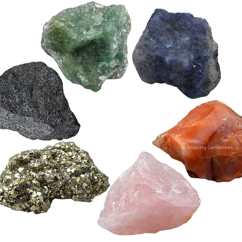 Crystals for Motivation & Self Belief Manifestation, Set of 6 Green Aventurine, Pyrite, Hematite, Iolite, Carnelian and Rose Qua