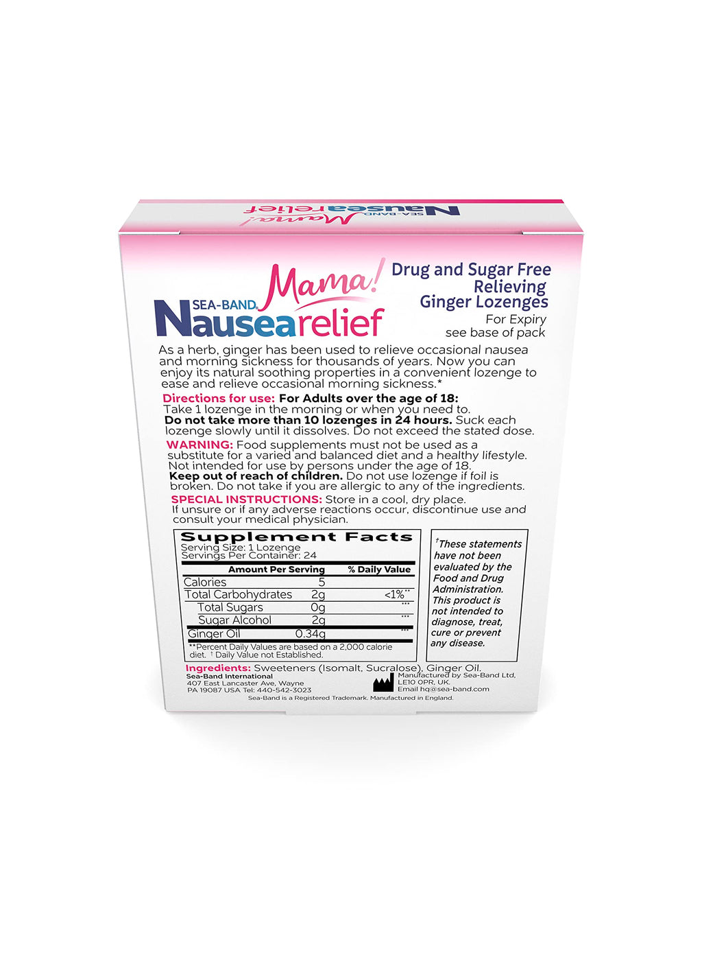 Sea-Band Ginger Mama Lozenges, Drug and Sugar Free, for Motion Sickness and Nausea Relief*