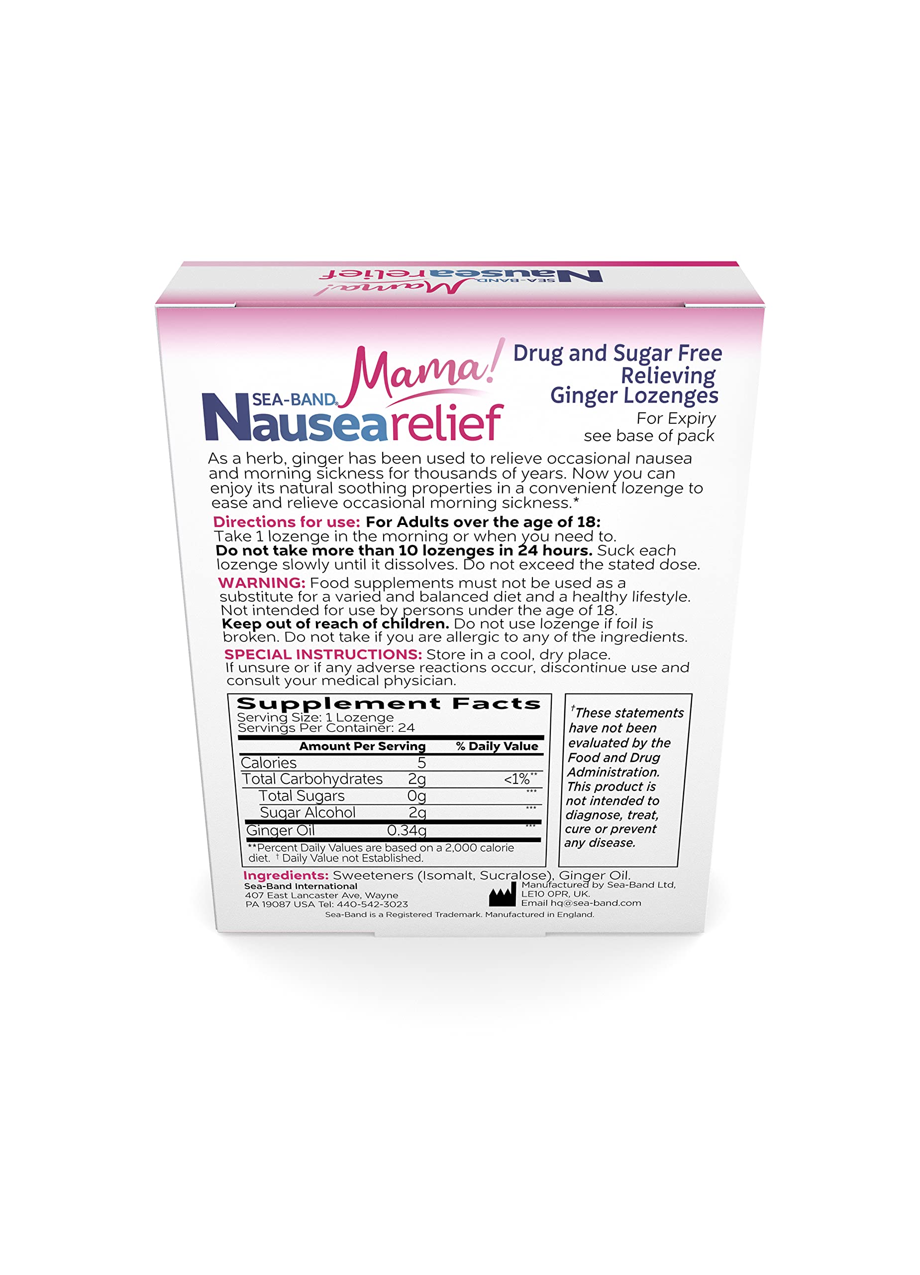 Sea-Band Ginger Mama Lozenges, Drug and Sugar Free, for Motion Sickness and Nausea Relief*