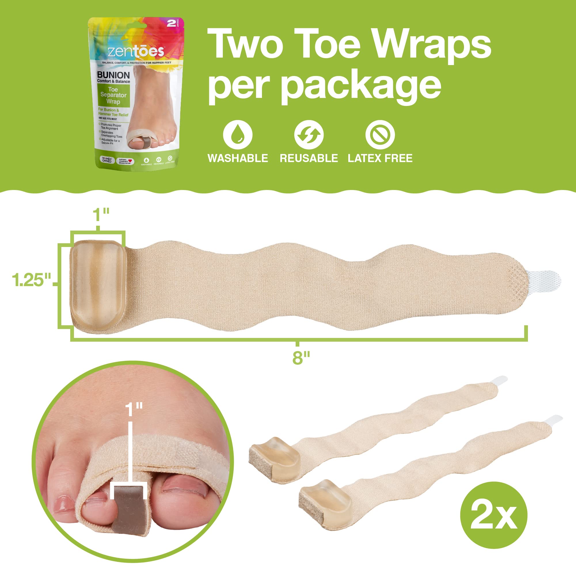 ZenToes Bunion Corrector Toe Separator Wraps Relieve Pain from Bunions and Hammer Toes 1 Pair (2 Count)