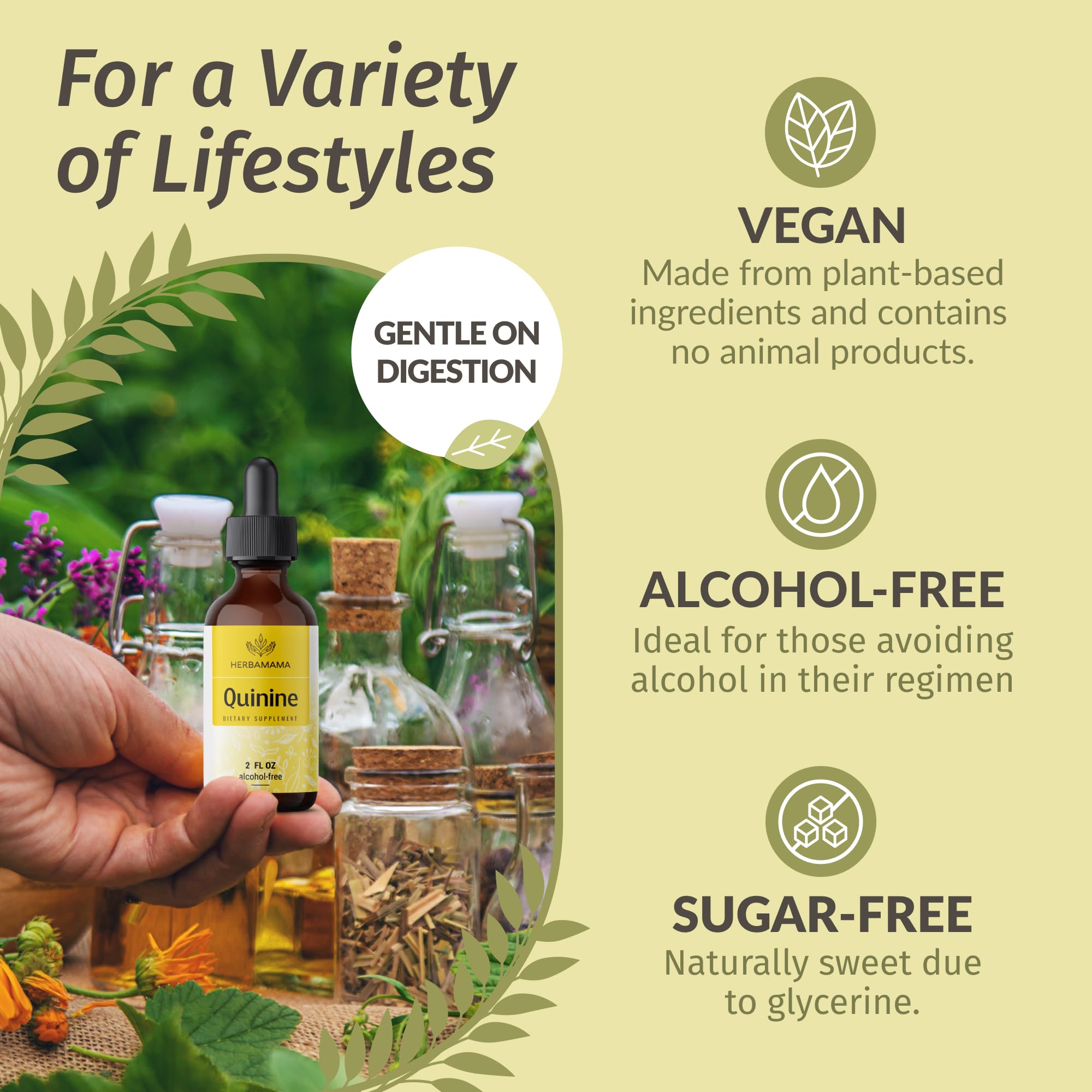 HERBAMAMA Quinine for Leg Cramps Tincture - Vegan Cinchona Bark Liquid Quinine Drops - Non-GMO, Alcohol & Sugar-Free Cramp Defen