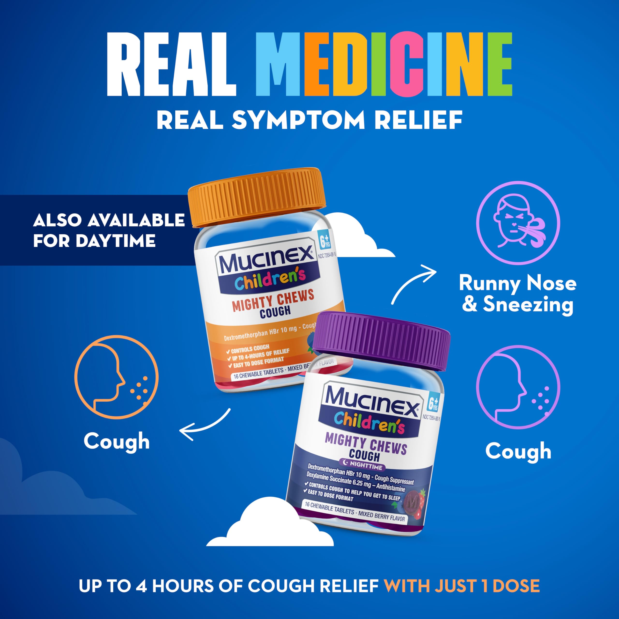 Mucinex Childrens Mighty Chews Nighttime Kids Cough Medicine, Easy to Dose Cough Suppressant with Dextromethorphan, Kids Travel