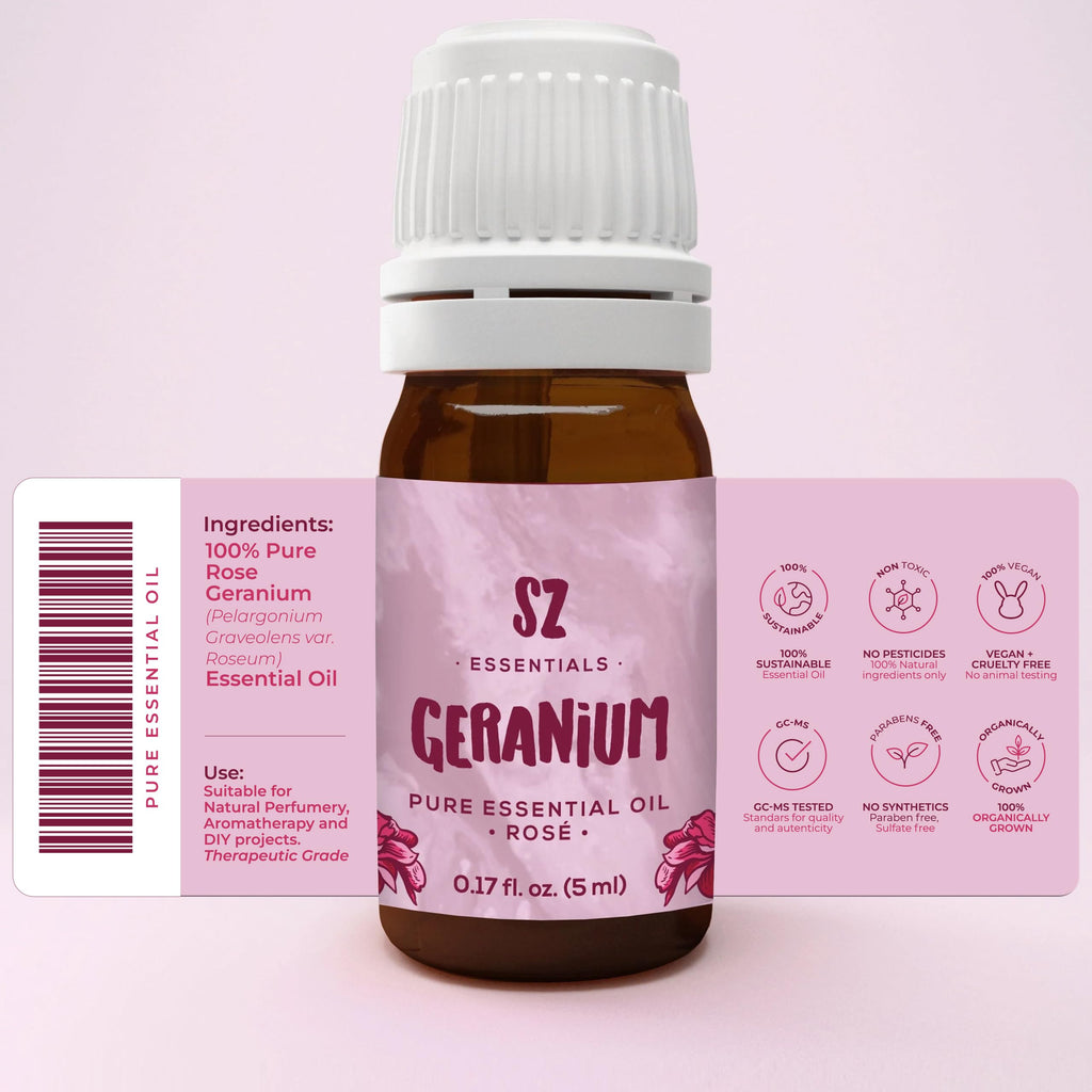 Sz Essentials - Geranium Ros   Essential Oil 5mL - 100% Pure & Natural - Pelargonium graveolens VAR. roseum - Sweet Rose-Geraniu