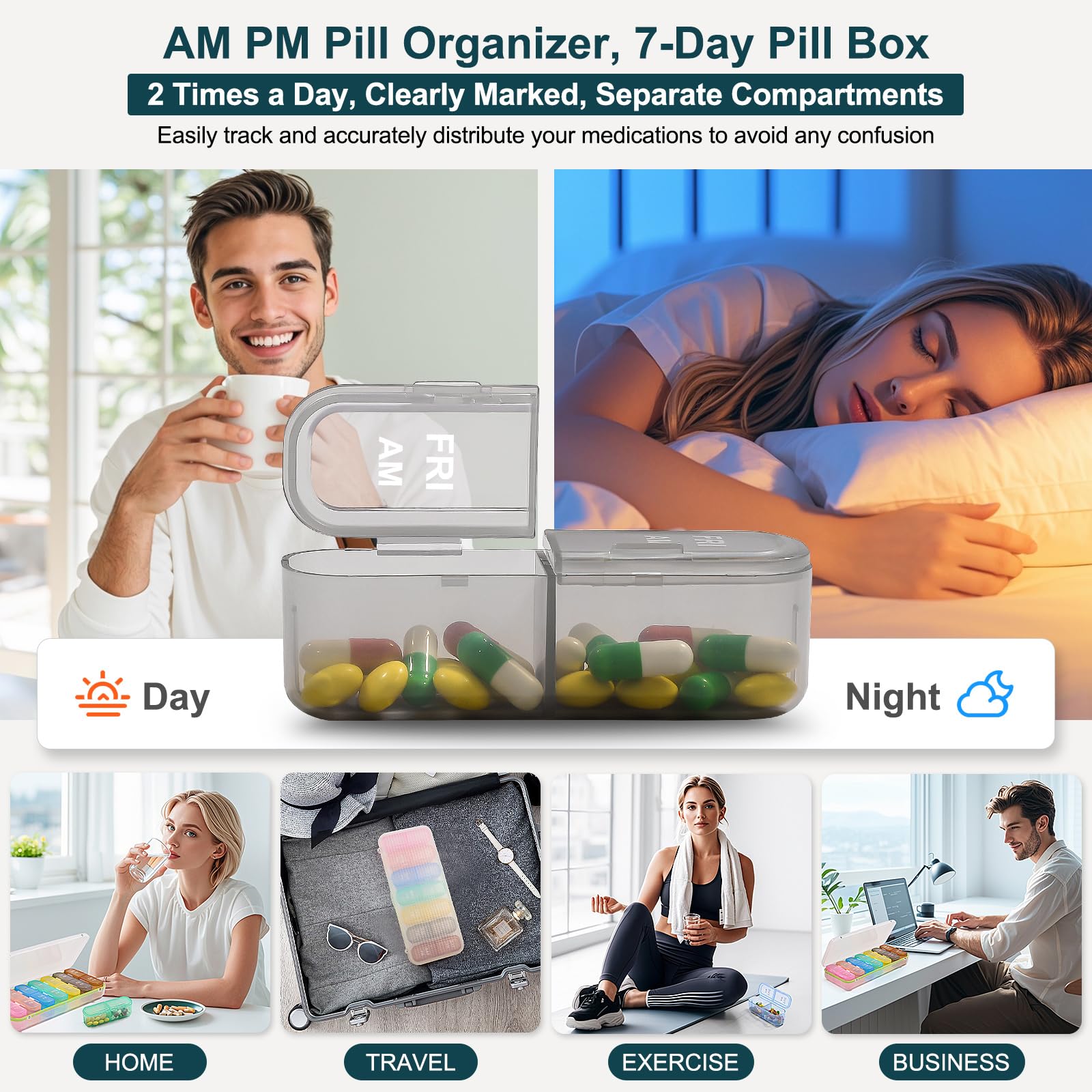 LOBIUTIYA Weekly Pill Organizer 2 Times a Day + 2 Detachable AM PM Travel Kits for Vitamin, Medicine, Supplement, Fish Oil - Whi