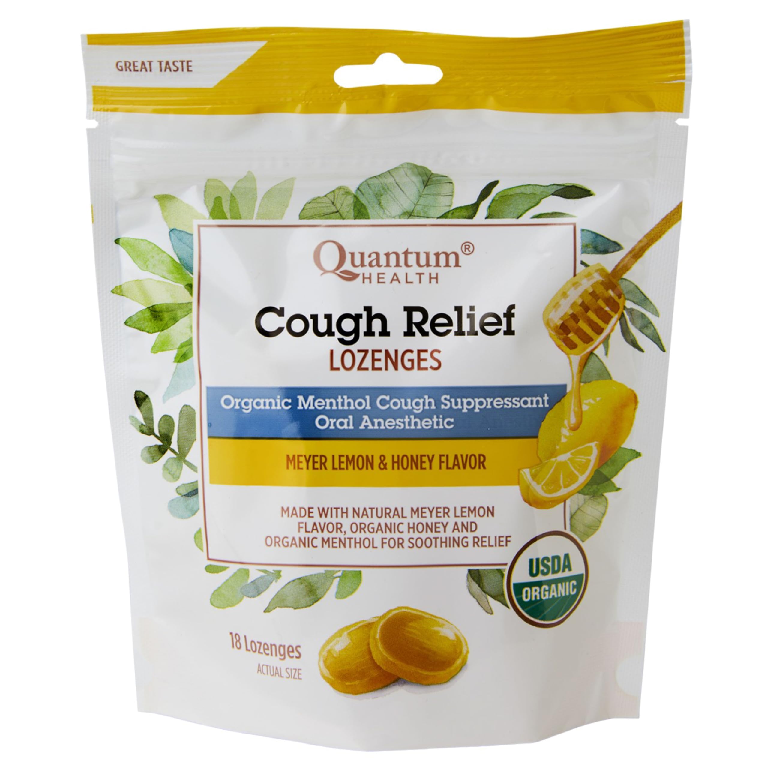 Quantum Health Organic Cough Relief Lozenges, Meyer Lemon & Honey, Natural Menthol Cough Suppressant, Bagged, 18 Ct, Light Yello
