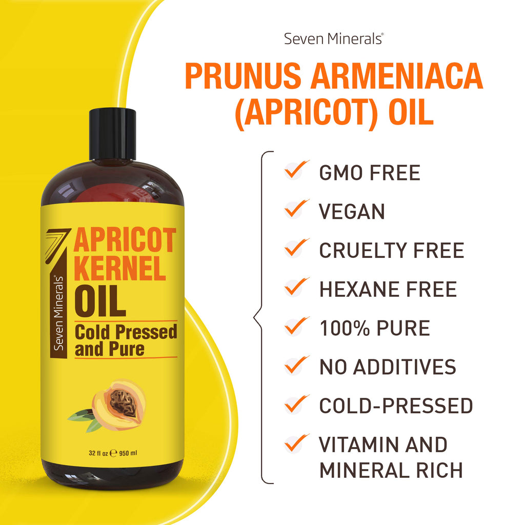 Seven Minerals Pure Cold Pressed Apricot Kernel Oil - Big 32 fl oz Bottle - Non-GMO, Hexane Free, Natural & Lightweight Moisturi