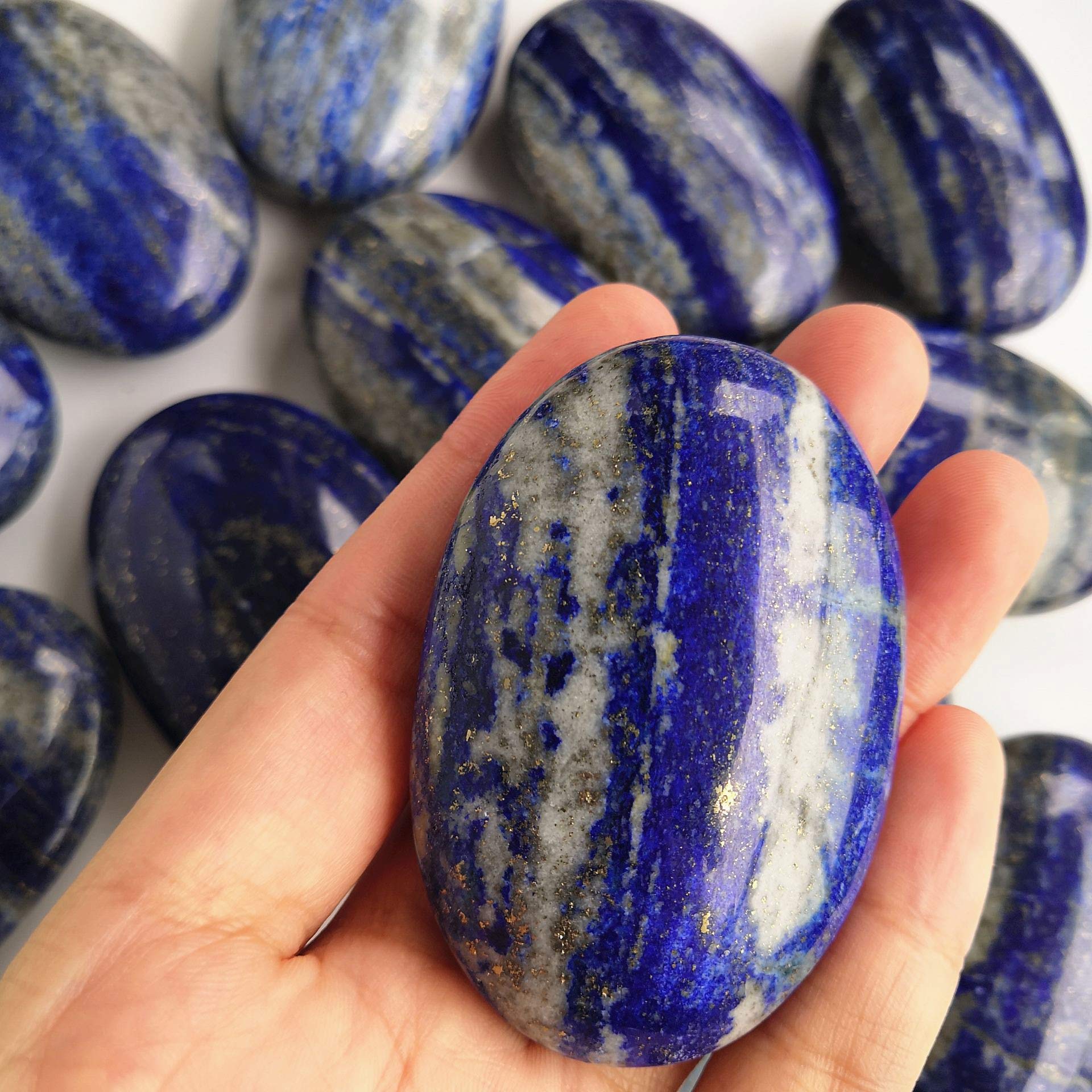 Loveliome Natural Lapis Lazuli Oval Polished Worry Stones, Healing Crystal Indoor Fountain Stones Massage Energy Anxiety Relief