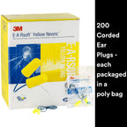 3M Ear Plugs, E-A-Rsoft Yellow Neons 311-4106, Metal Detectable Cord, 200 Pair of Disposable Earplugs, Pairs Wrapped, Regular Si
