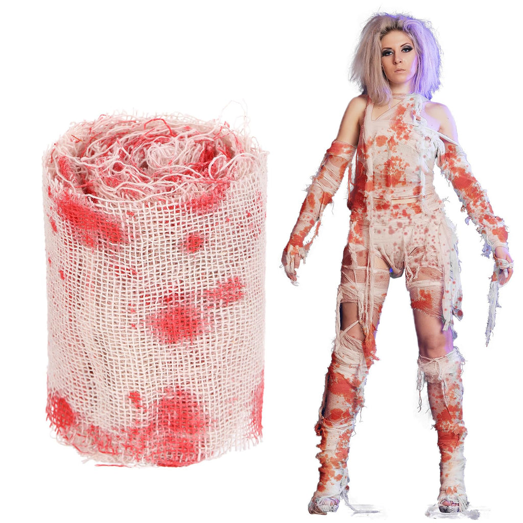 Preboun Halloween Mummy Bandage Wrap Bloody Gauze Zombie Makeup Props Creepy Costume Bandage Cosplay Party(Red,131.2 ft X 3.15 I