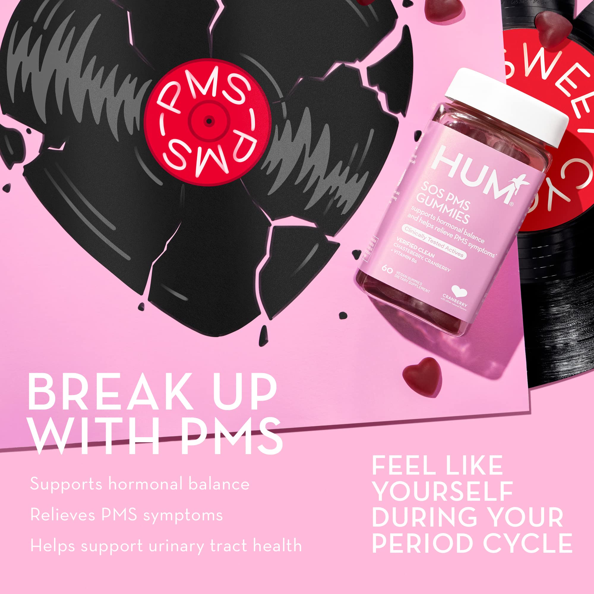 HUM Nutrition SOS PMS Gummies, Helps Relieve PMS Symptoms, Bloating Relief, Mood Swings, Hormonal Balance with Chasteberry Vitex