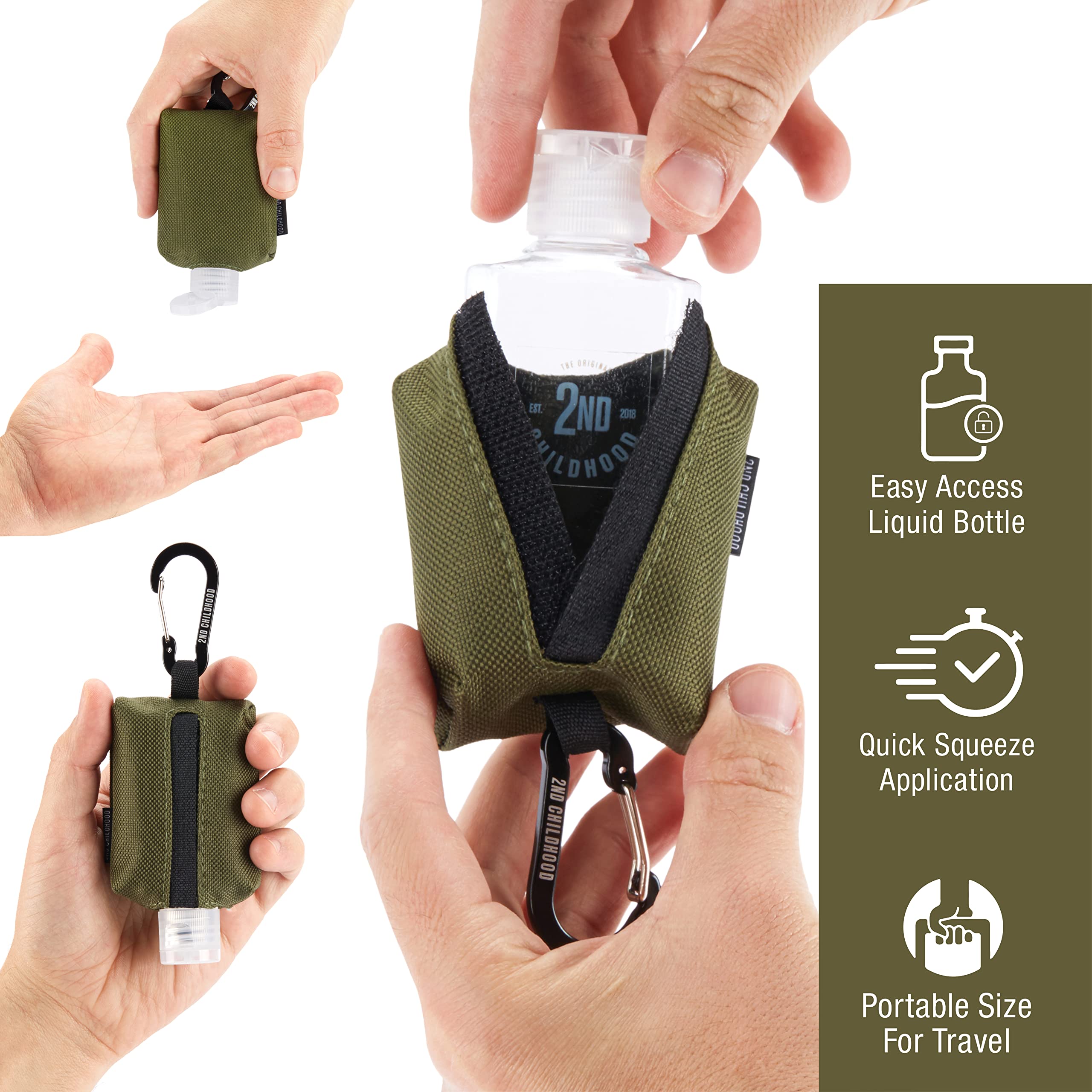 2nd Childhood Hand Sanitizer Holder Bag; Travel Size Empty 2 oz Refillable Bottle; Carabiner Clips on to Backpack or Purse