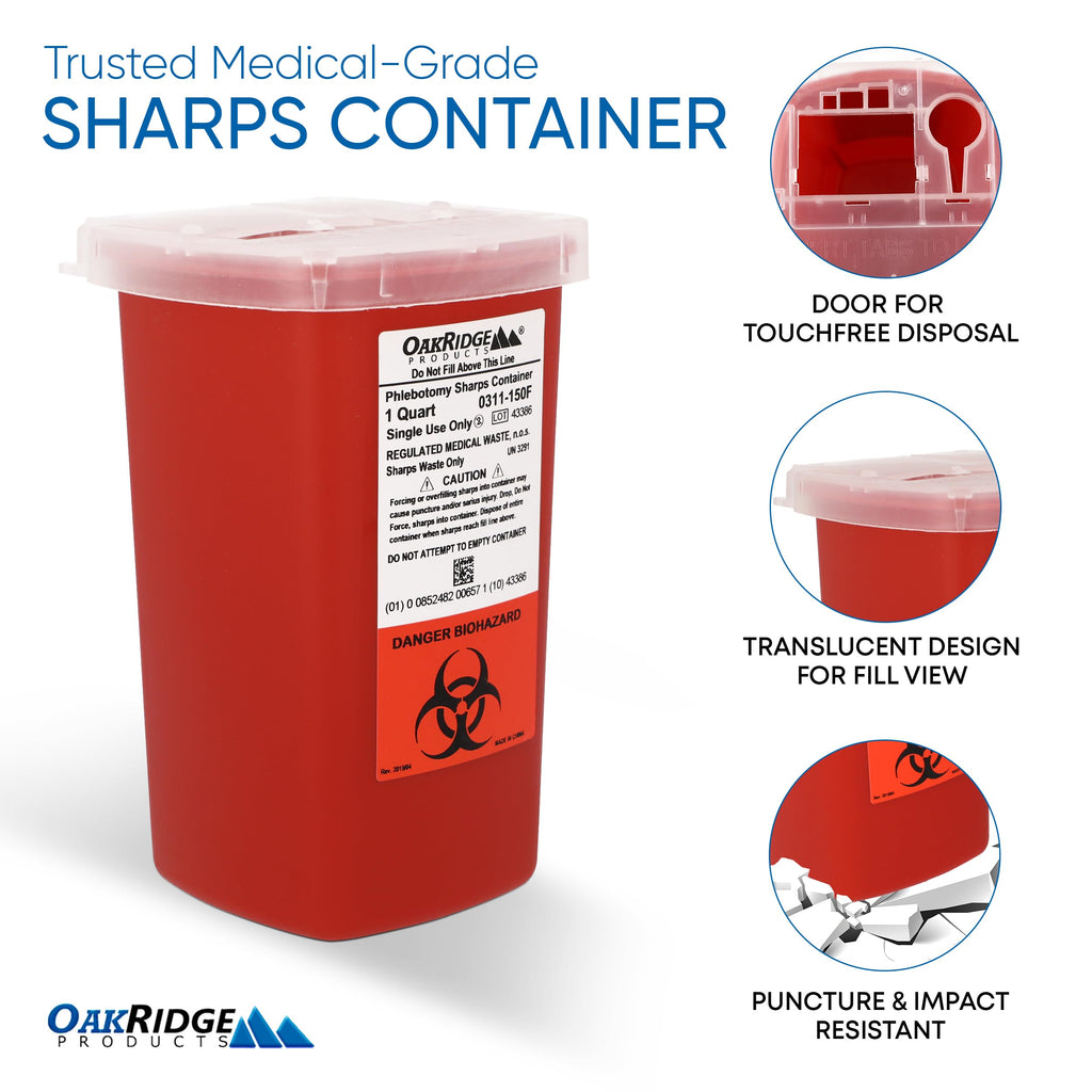 Oakridge Products Sharps Container for Home Use and Professional 1 Quart (3-Pack), Biohazard Needle and Syringe Disposal, Flip-u