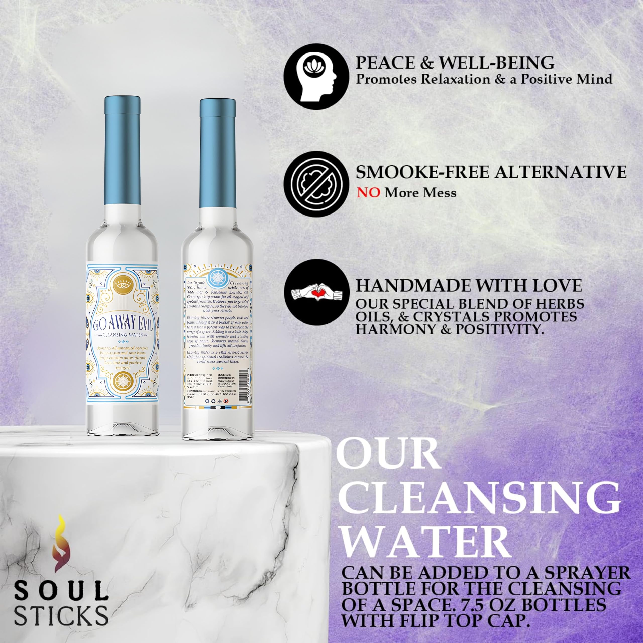 SOUL STICKS Cleansing Water 7.5 oz. Bottle for Clearing Negative Energy and Purifying Home (Go Away Evil)
