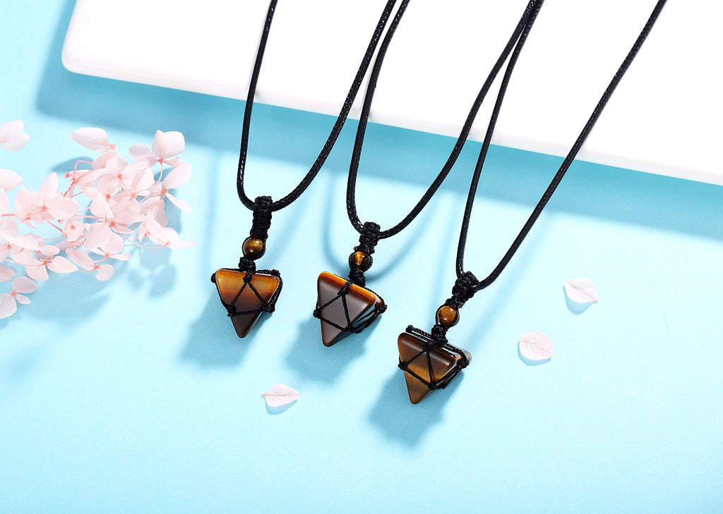 XIANNVXI Tiger Eye Stone Healing Crystal Necklace Pyramid Gemstone Pendant Necklaces Adjustable Rope Natural Reiki Quartz Jewelr