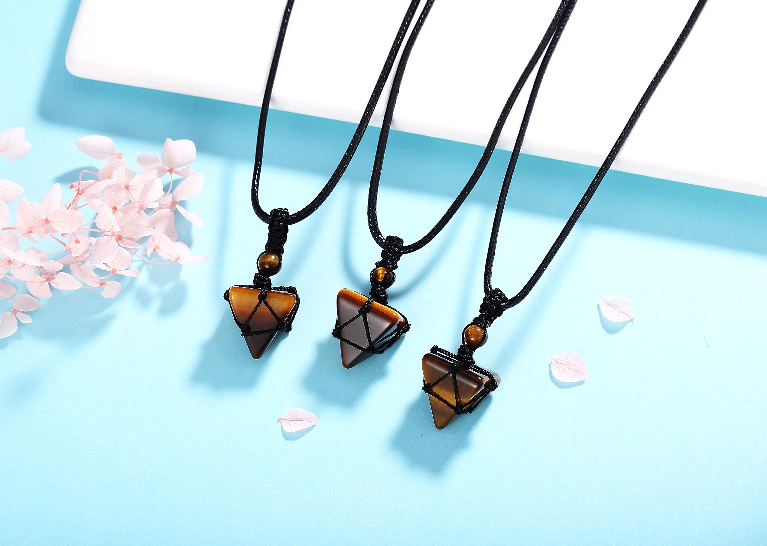 XIANNVXI Tiger Eye Stone Healing Crystal Necklace Pyramid Gemstone Pendant Necklaces Adjustable Rope Natural Reiki Quartz Jewelr
