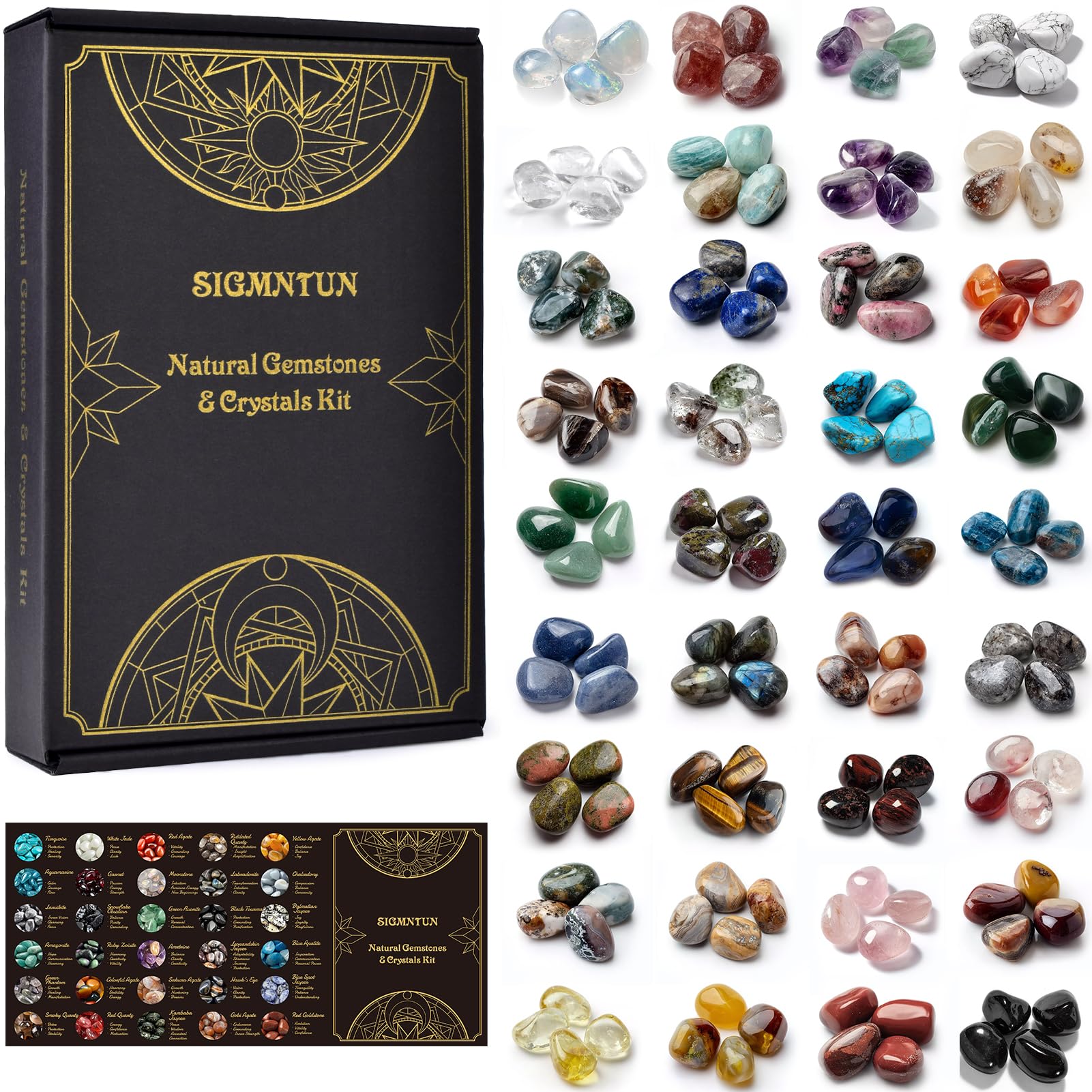 Rock Collection with 36 Types of Natural Polished Gemstones - 2.7 lbs 0.6 Assorted Crystals and Minerals, Individually Bagged Ro