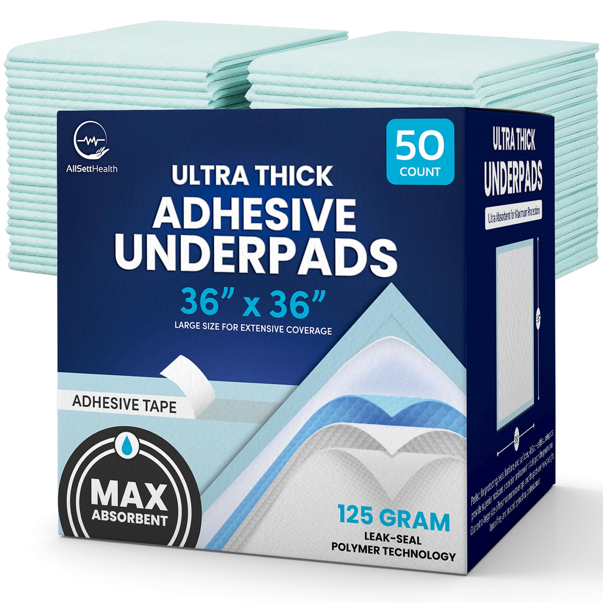 50 Pack Adhesive Disposable Bed Pads for Adults 125 Gram - 3XL 36x36 Non Slip Chucks Pads Disposable Adult, Incontinence Bed Pad