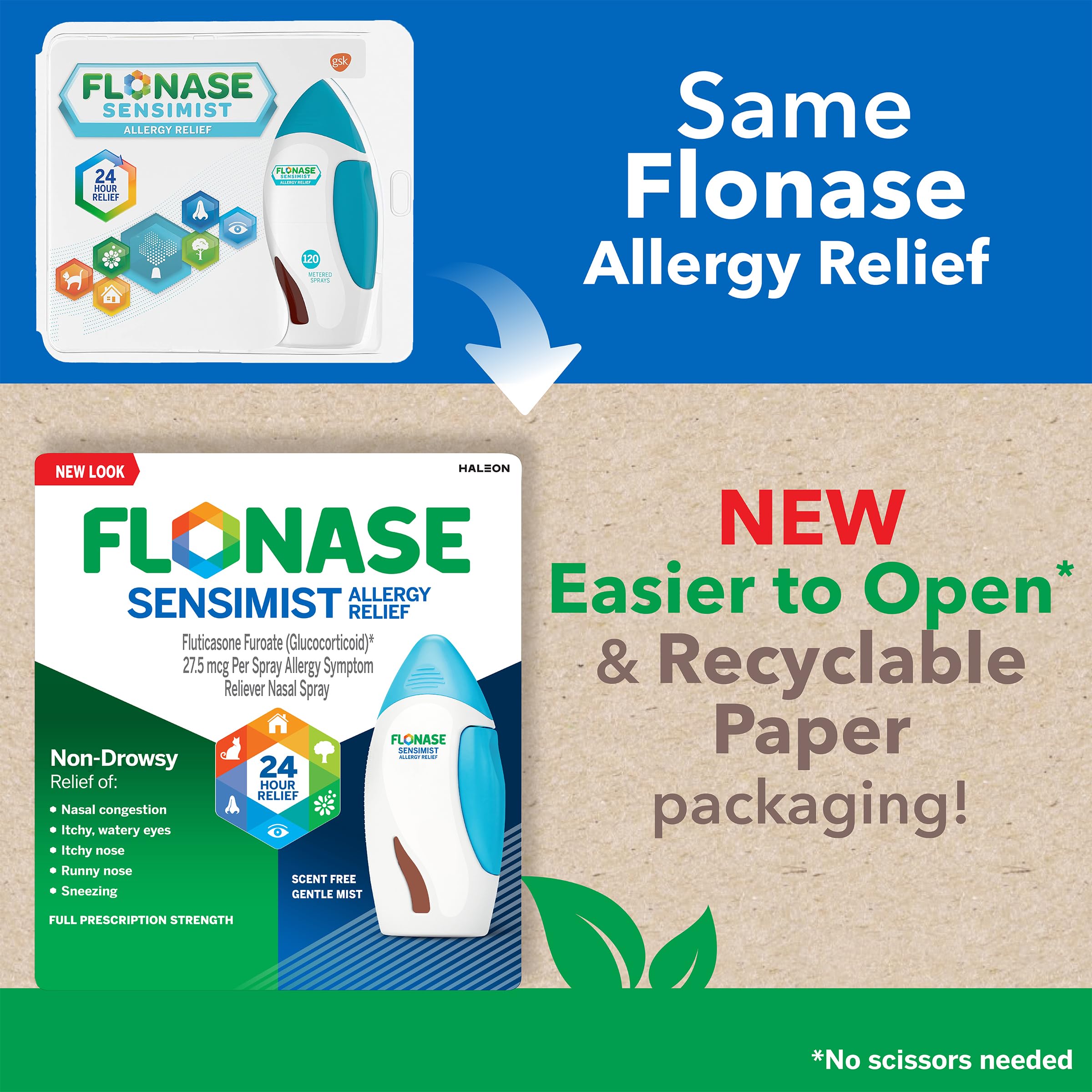 Flonase Sensimist Allergy Relief Nasal Spray for Non-Drowsy, 24-Hour Multi-Symptom Allergy Relief - 60 Sprays