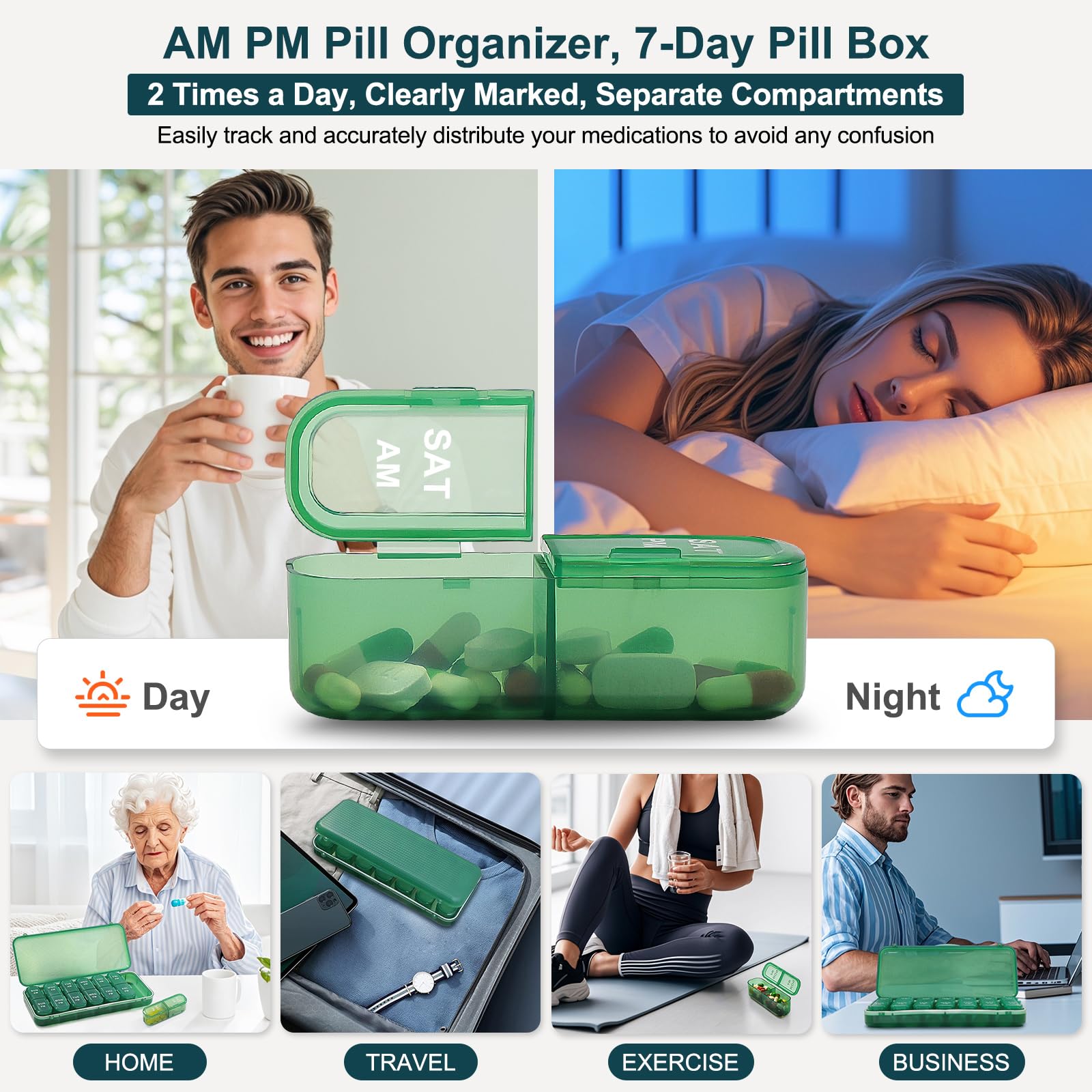 LOBIUTIYA Weekly Pill Organizer 2 Times a Day + 2 Detachable AM PM Travel Kits for Vitamin, Medicine, Supplement, Fish Oil - Gre