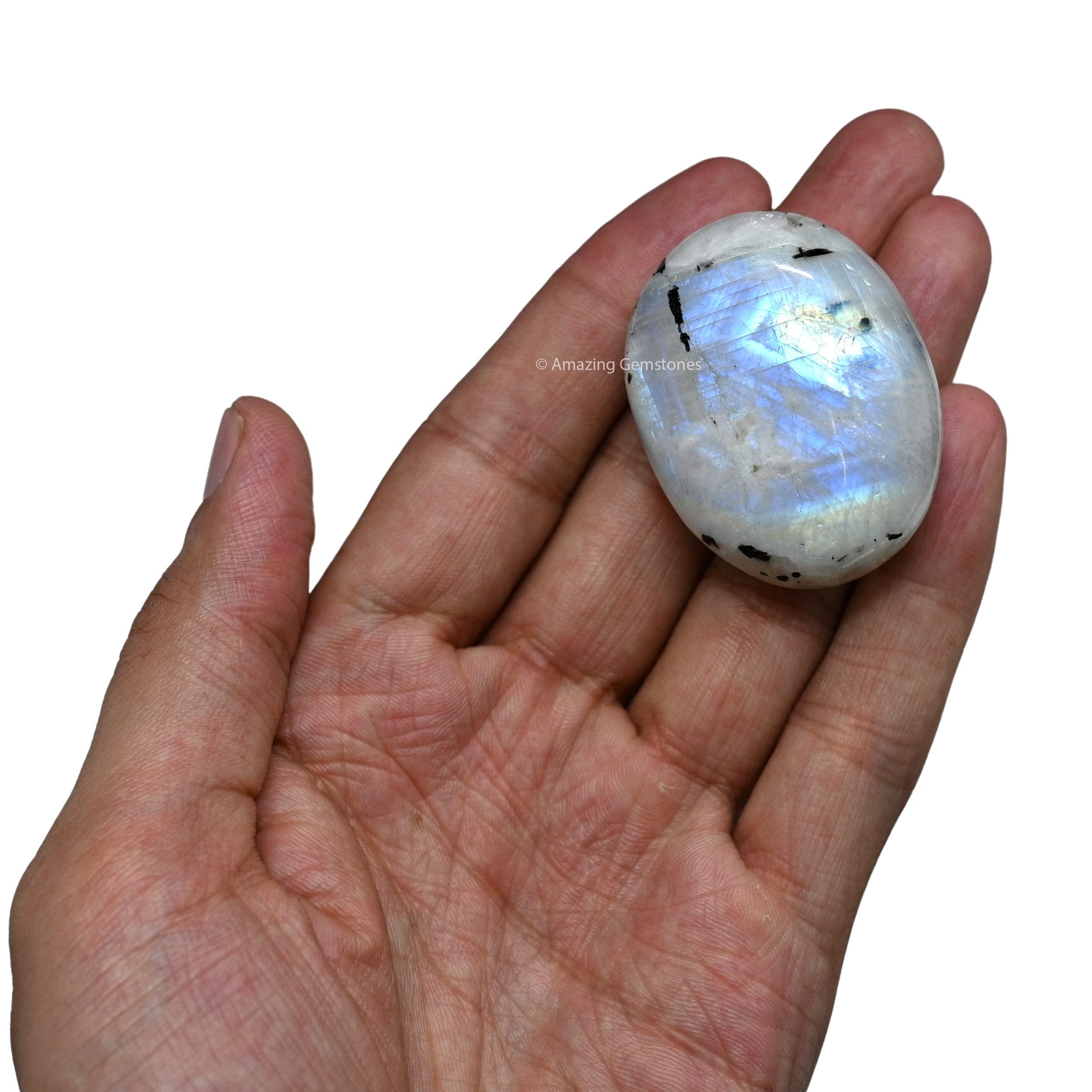 Rainbow Moonstone Palm Stone - Pocket Massage Worry Stone for Natural Body Chakra Balancing, Reiki Healing and Crystal Grid