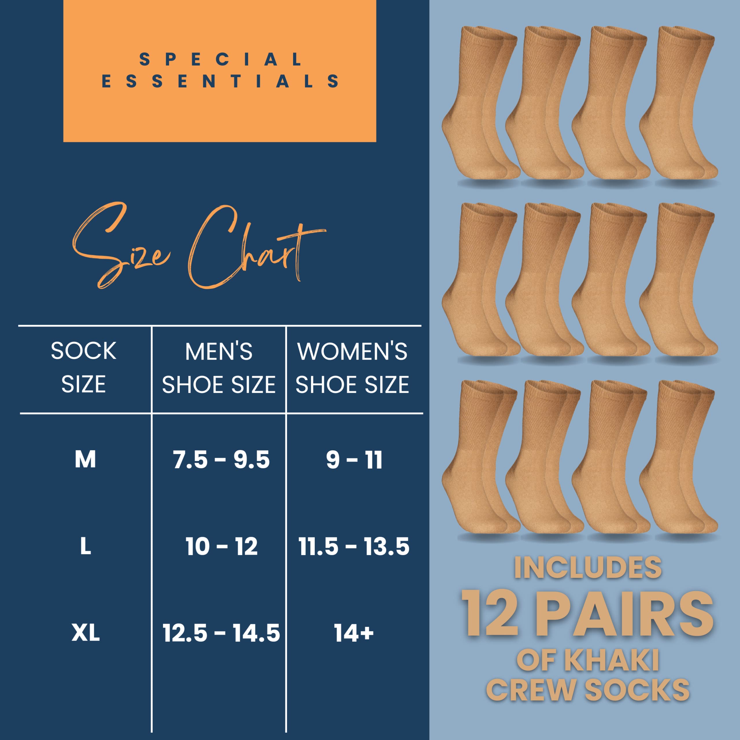 Special Essentials 12 Pairs Cotton Diabetic Socks for Men & Women - Non-Binding Extra Wide Top Neuropathy Socks - Crew Socks Kha