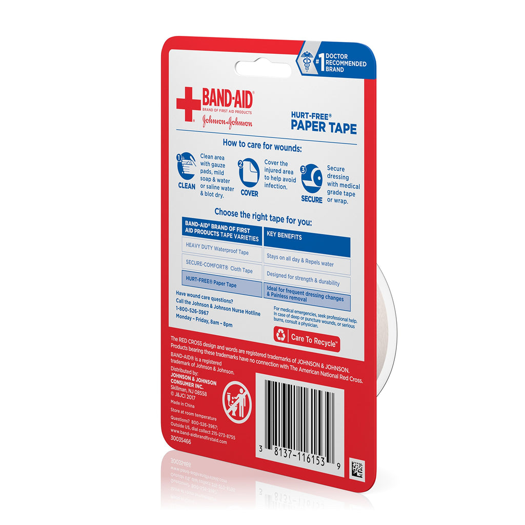 Band-Aid Brand First Aid Hurt-Free Medical Adhesive Paper Tape for Wound Dressings, 1 in by 10 yd
