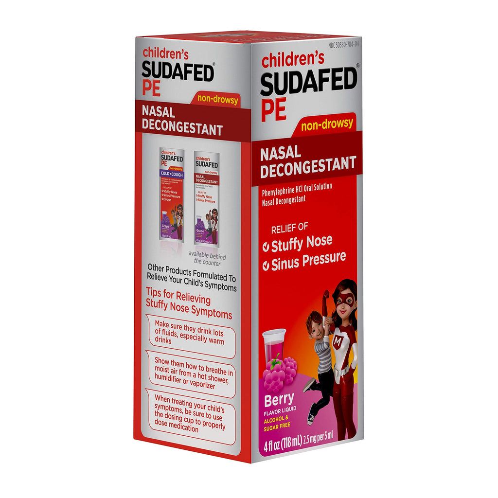Sudafed Childrens PE Nasal Decongestant, Liquid Cold Relief Medicine with Phenylephrine HCl, Alcohol Free and Sugar-Free, Berry