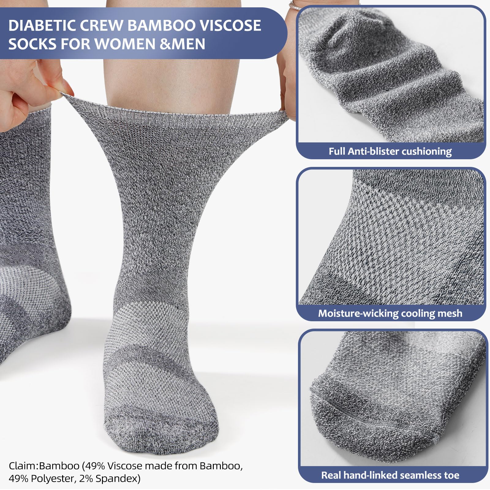 Bulinlulu Diabetic Socks for Men Women-6 Pairs Bamboo Viscose Non Binding Crew Diabetic Neuropathy Socks with seamless toe for m