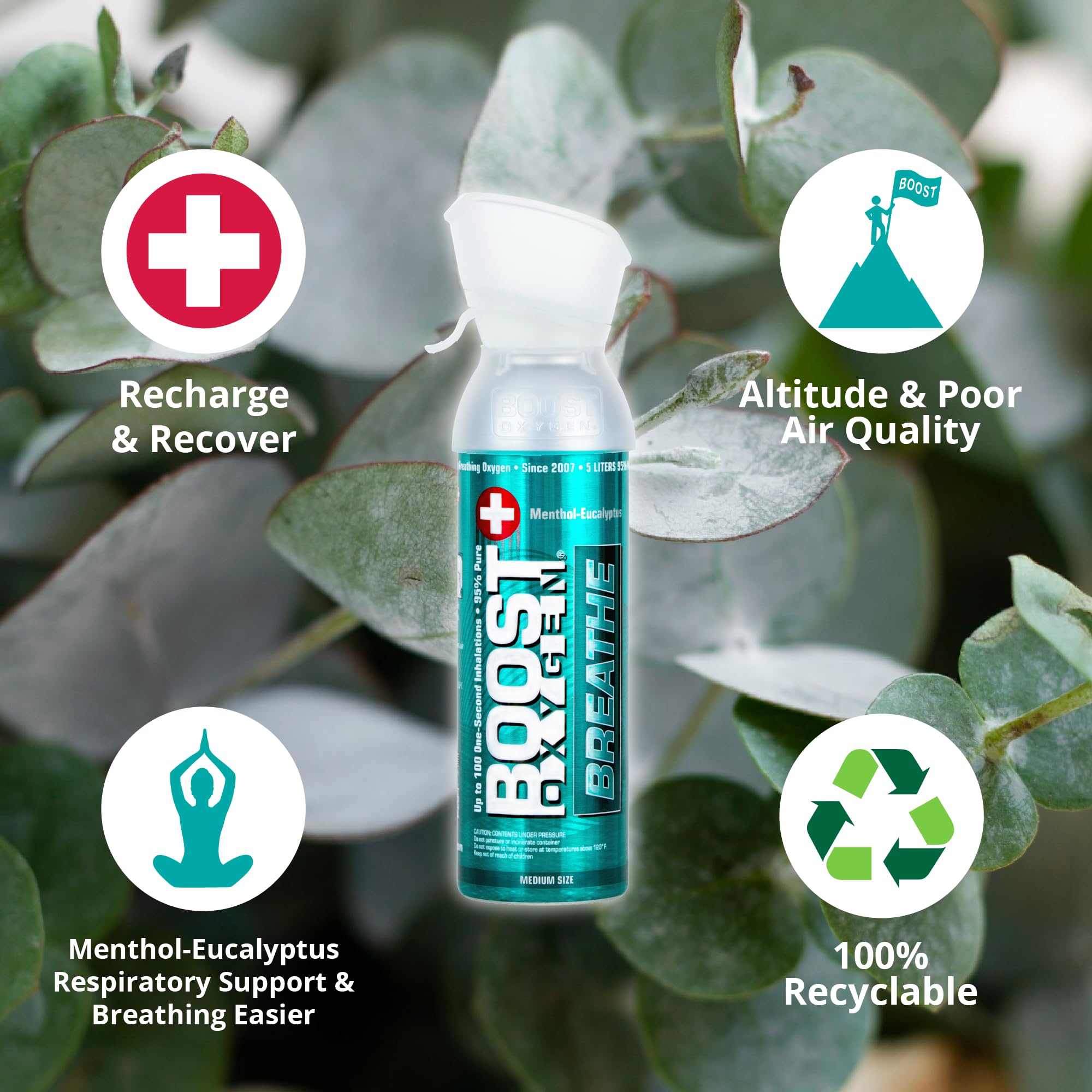 Boost Oxygen Medium Breathe Menthol-Eucalyptus Aroma 5L Canister | Respiratory Support for Altitude, Performance & Health (1 Pac