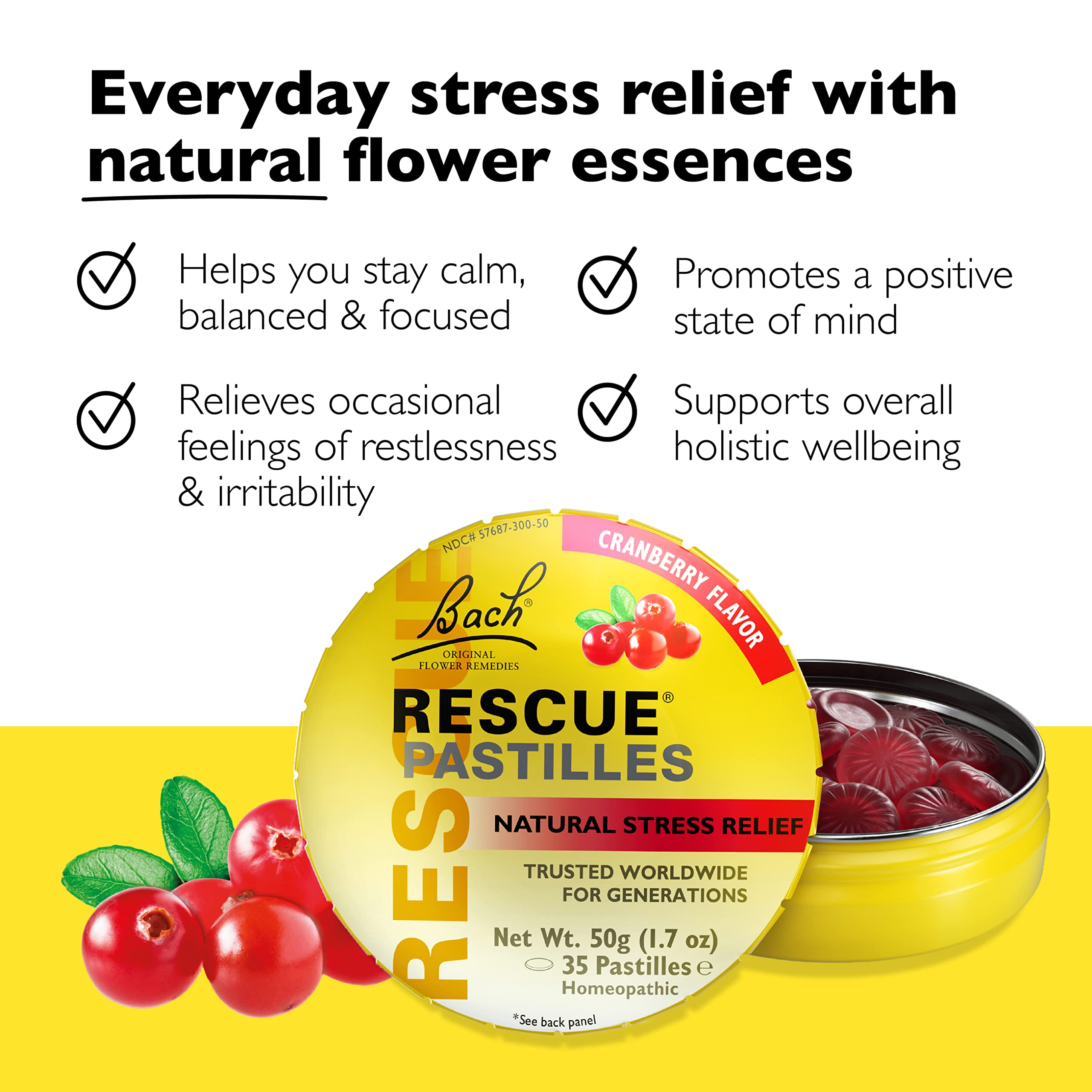 Bach RESCUE PASTILLES, Cranberry Flavor, Natural Stress Relief Lozenges, Homeopathic Flower Essence, Vegetarian, Gluten & Sugar-