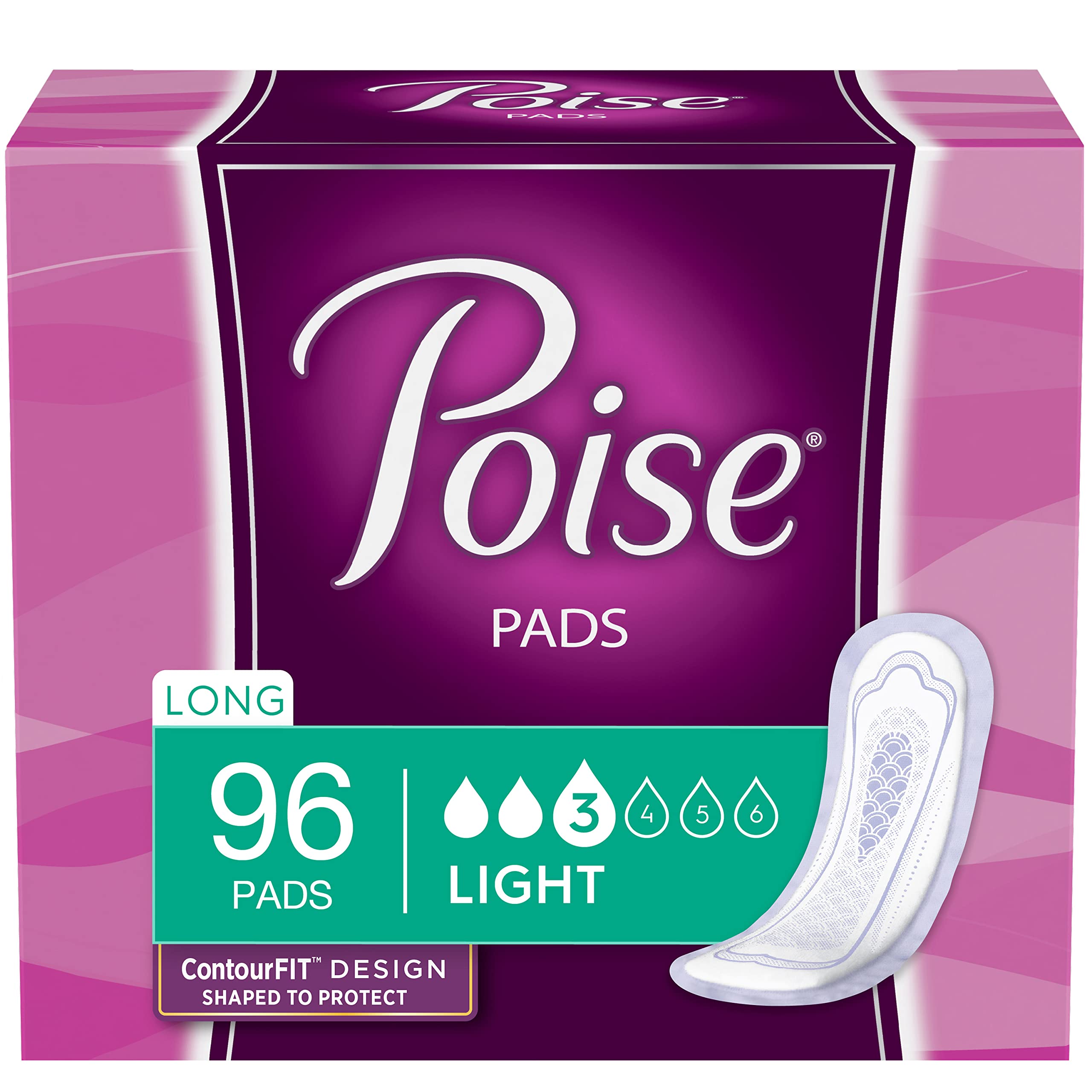 Poise Incontinence Pads & Postpartum Incontinence Pads, 3 Drop Light Absorbency, Long Length, 96 Count (4 Packs of 24), Packagin