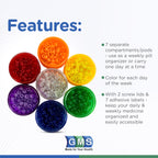 GMS 7 Day Medicine Pill Organizer - Stackable Pill Box - Fits Small Tablets & Vitamin Supplements, Keep Your Daily & Weekly Medi