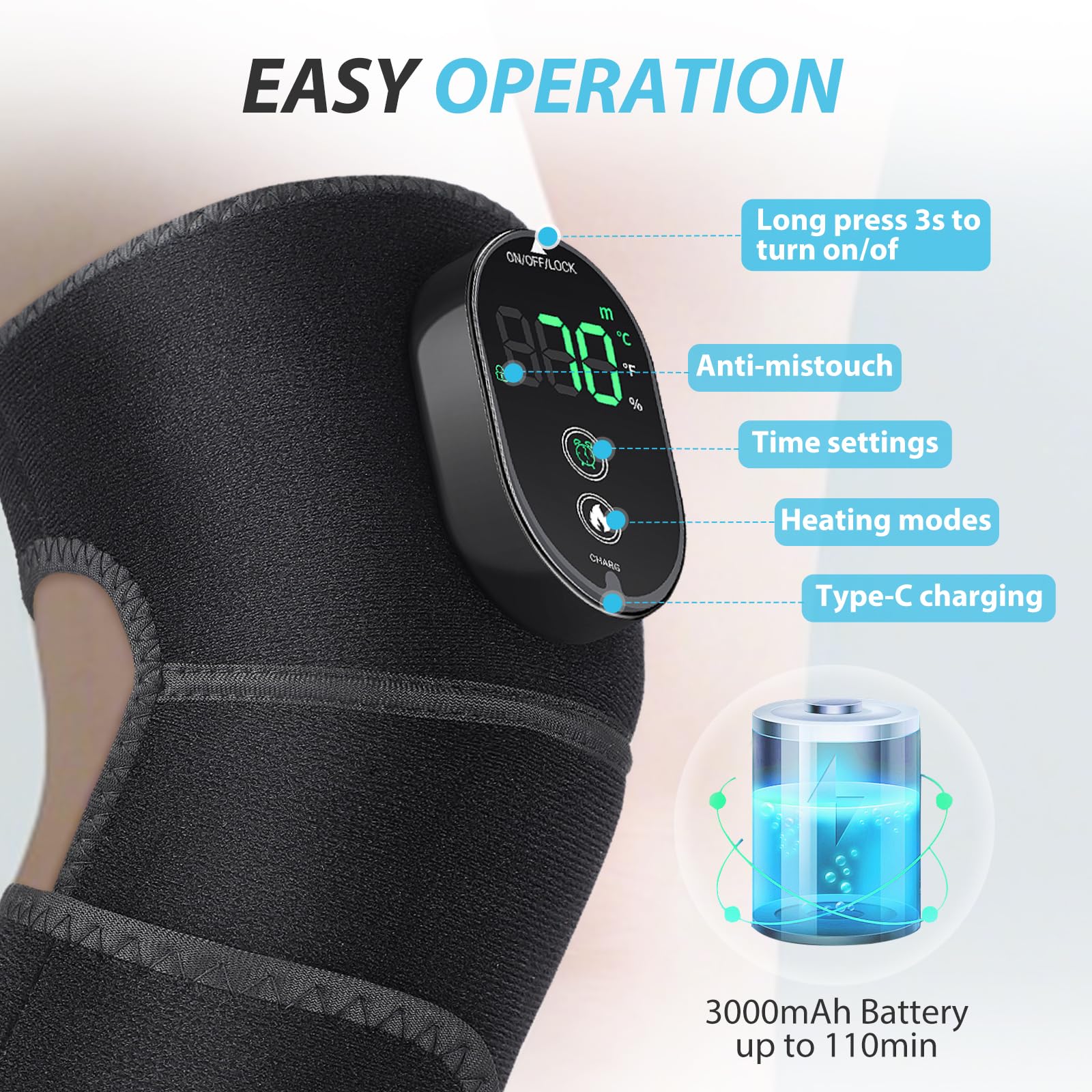 ROMYSE Heated Knee Brace, Cordless Heated Knee Wrap, Knee Heating Pad for Shoulder Elbow 3 in 1, Heating Pad for Knee with 6 Hea