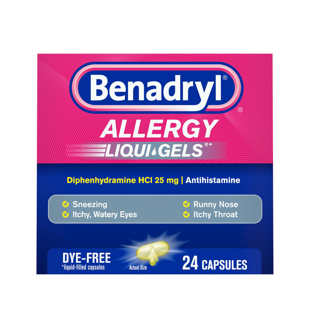 Benadryl Liqui-Gels Antihistamine Allergy Medicine & Cold Symptom Relief, Dye-Free Liquid Gels with 25 mg of Diphenhydramine HCl