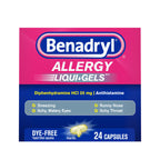 Benadryl Liqui-Gels Antihistamine Allergy Medicine & Cold Symptom Relief, Dye-Free Liquid Gels with 25 mg of Diphenhydramine HCl