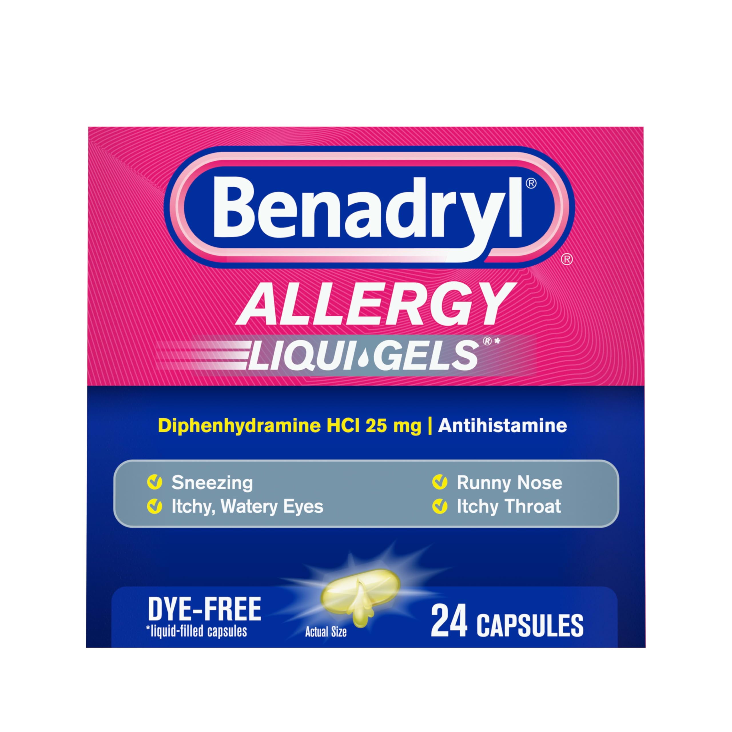 Benadryl Liqui-Gels Antihistamine Allergy Medicine & Cold Symptom Relief, Dye-Free Liquid Gels with 25 mg of Diphenhydramine HCl