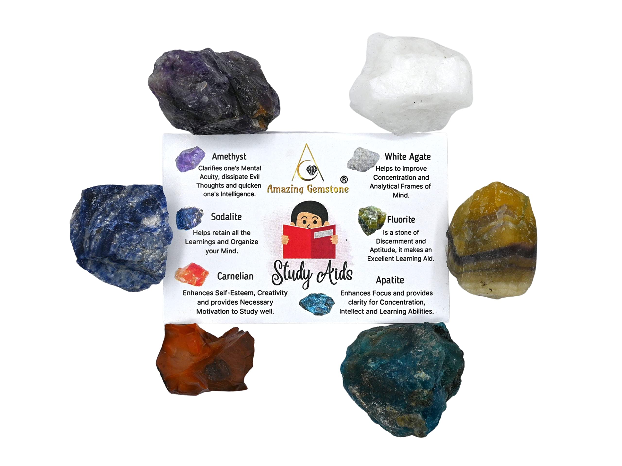 Crystals for Studying Students Success Manifestation, Set of 6 Amethyst, Sodalite, Carnelian, White Agate, Fluorite and Apatite