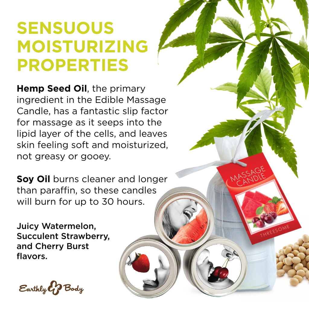 Earthly Body Edible Massage Candle, Threesome - 2 oz Watermelon, Cherry & Strawberry Flavors - 3-in-1 Formula Can Be Used as a C