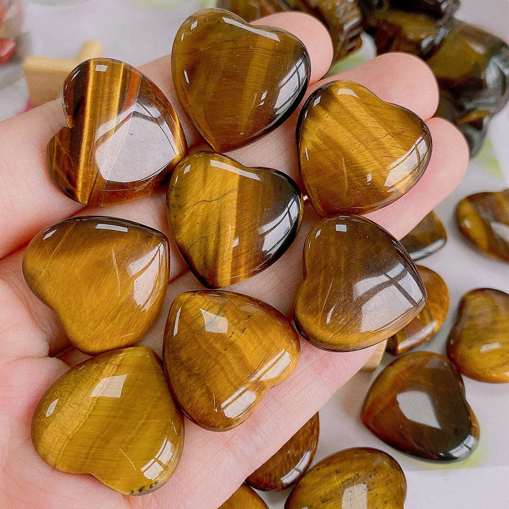 QINJIEJIE 20 PCS Natural Heart Healing Crystals Tigers Eye Polished Crystal Stones Mini Cute Pocket Palm Love Gemstones Set Bulk