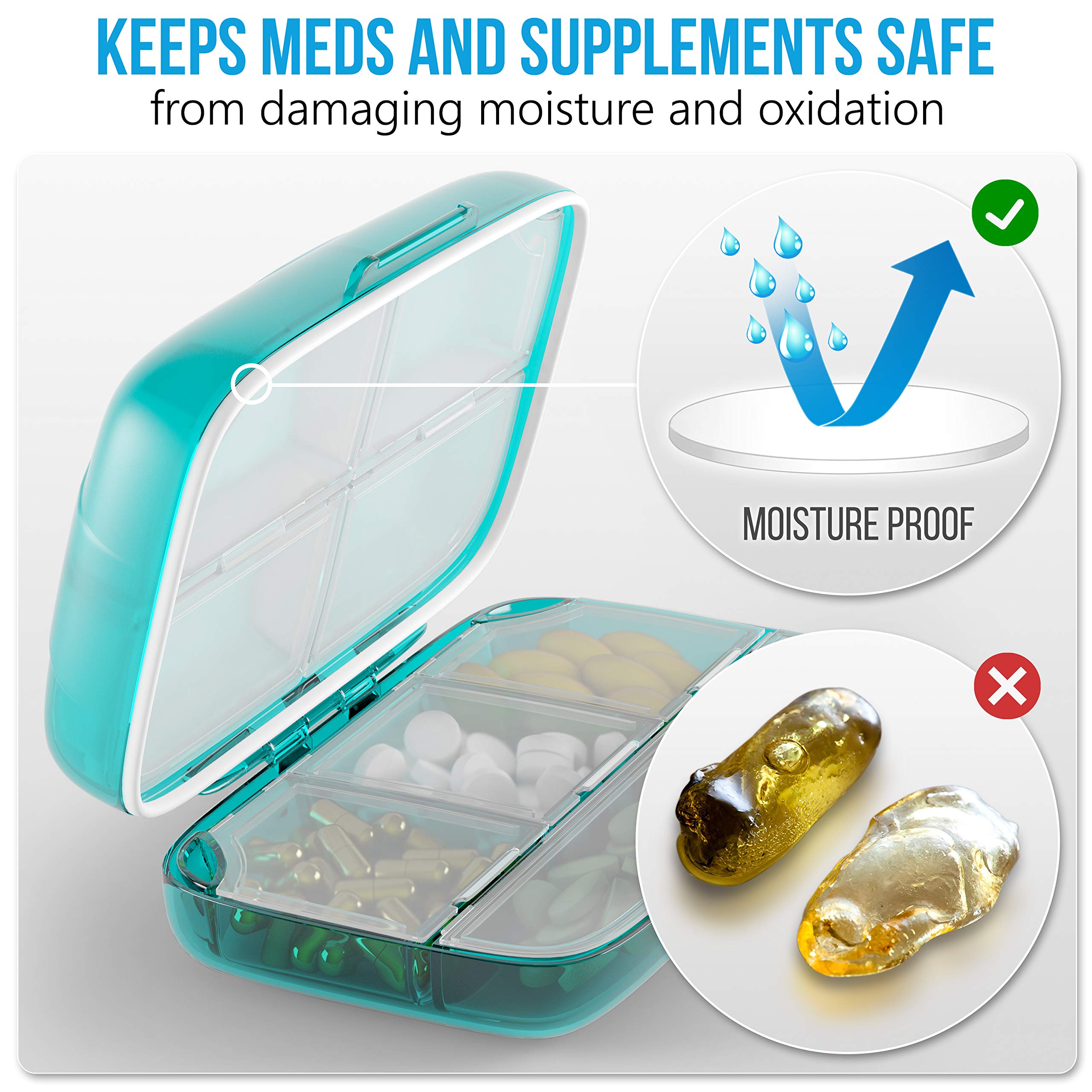 Travel Pill Organizer - Airtight Medicine Case for Traveling Portable Pharmacy Box with Labels Vitamin Container 8 Compartment S