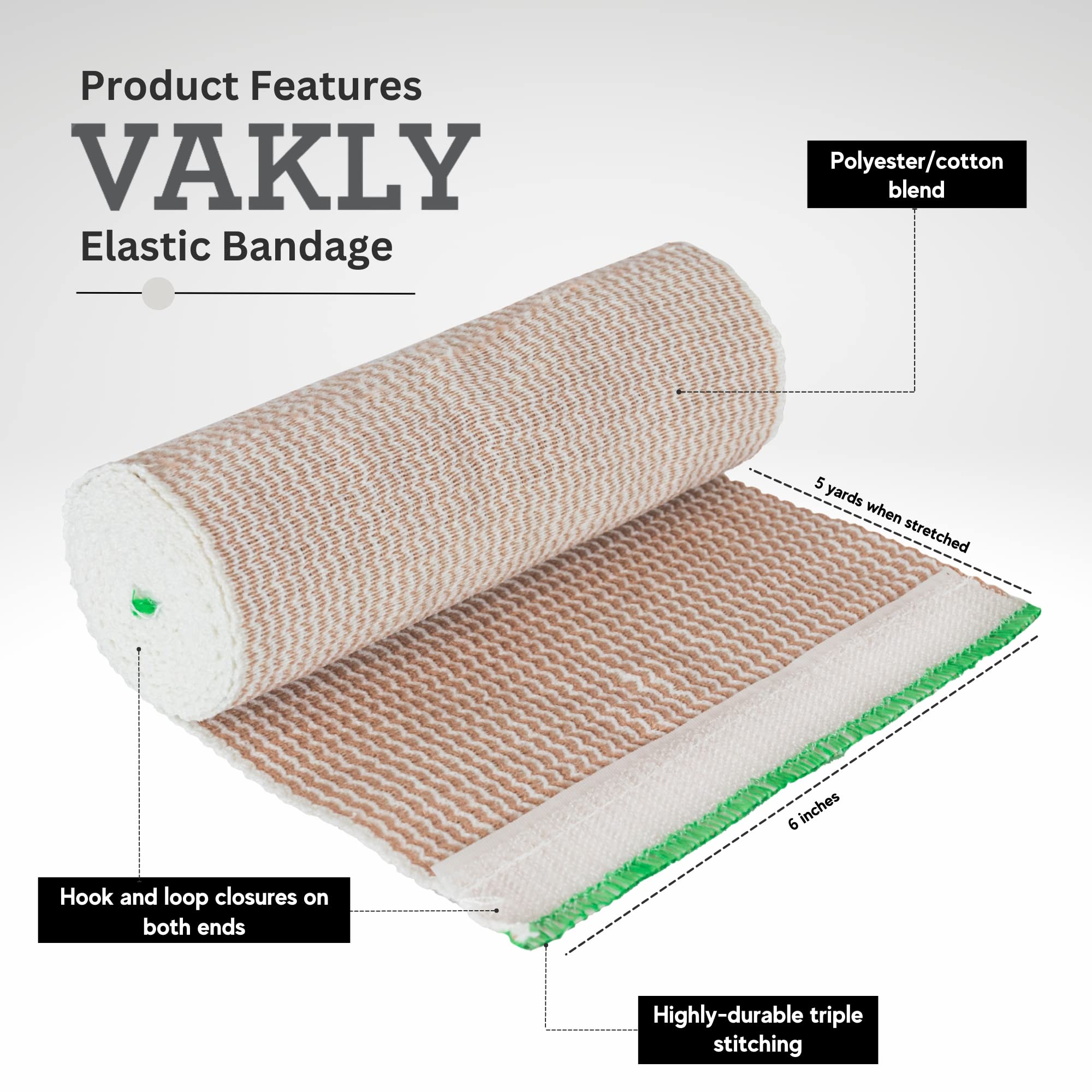 Vakly Elastic Bandage Wrap with Self-Closure [Pack of 10] 6 Inch Comfort Athletic Compression Roll, 5 Yards Stretched for Custom