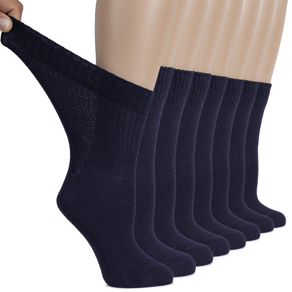 Hugh Ugoli Women's Cotton Diabetic Crew Socks, Wide, Thin, Loose Fit and Stretchy, Seamless Toe & Non-Binding Top, 8 Pairs, Navy